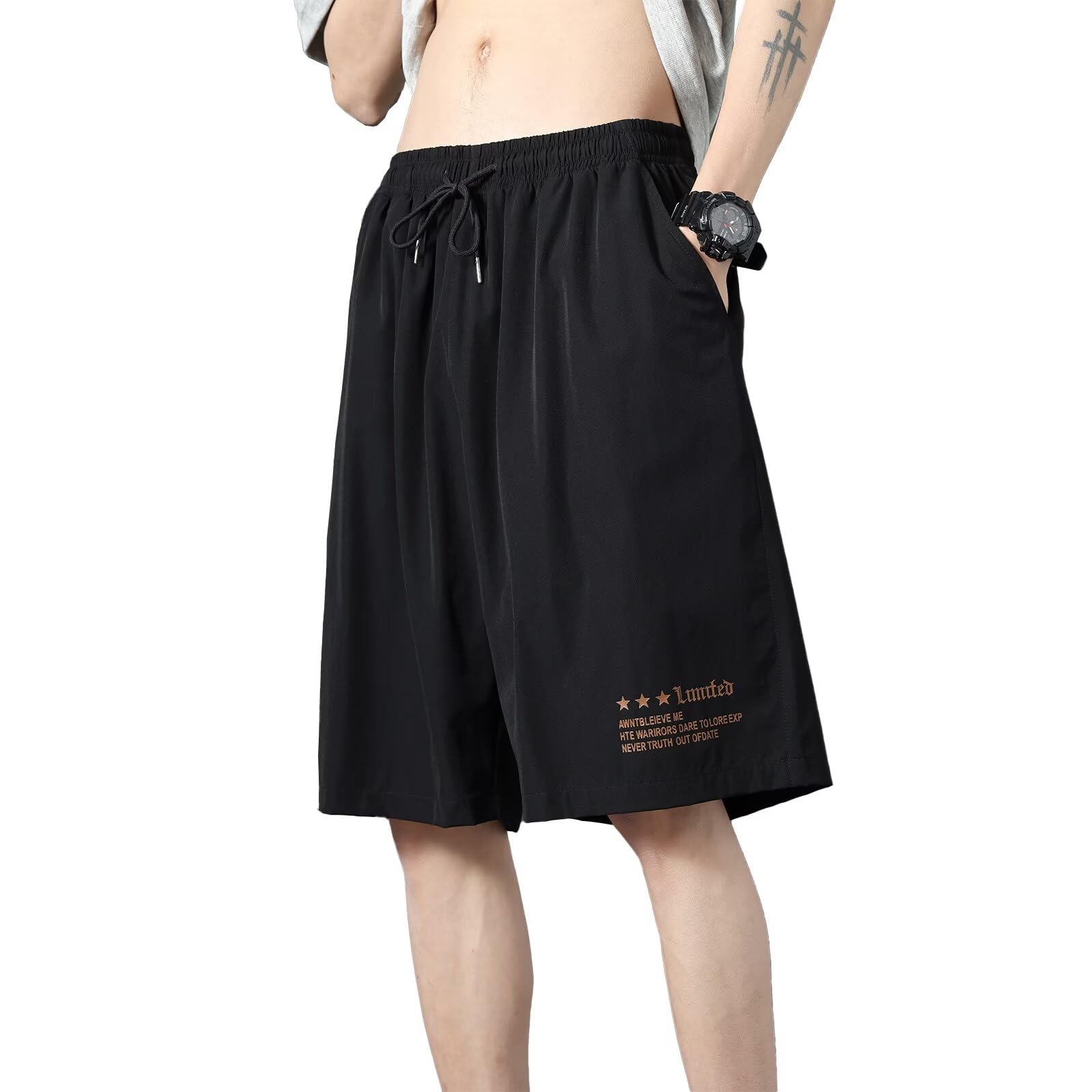 【送料無料】[Running sheep] ハーフパンツ メンズ 冷感 カジュアル 半ズボン ジャージ下 ショートパンツ スポーツ ハーフ フィットネスパンツ 夏服 [UVカット・通気速乾] 色：ブラック、サイズ：XL