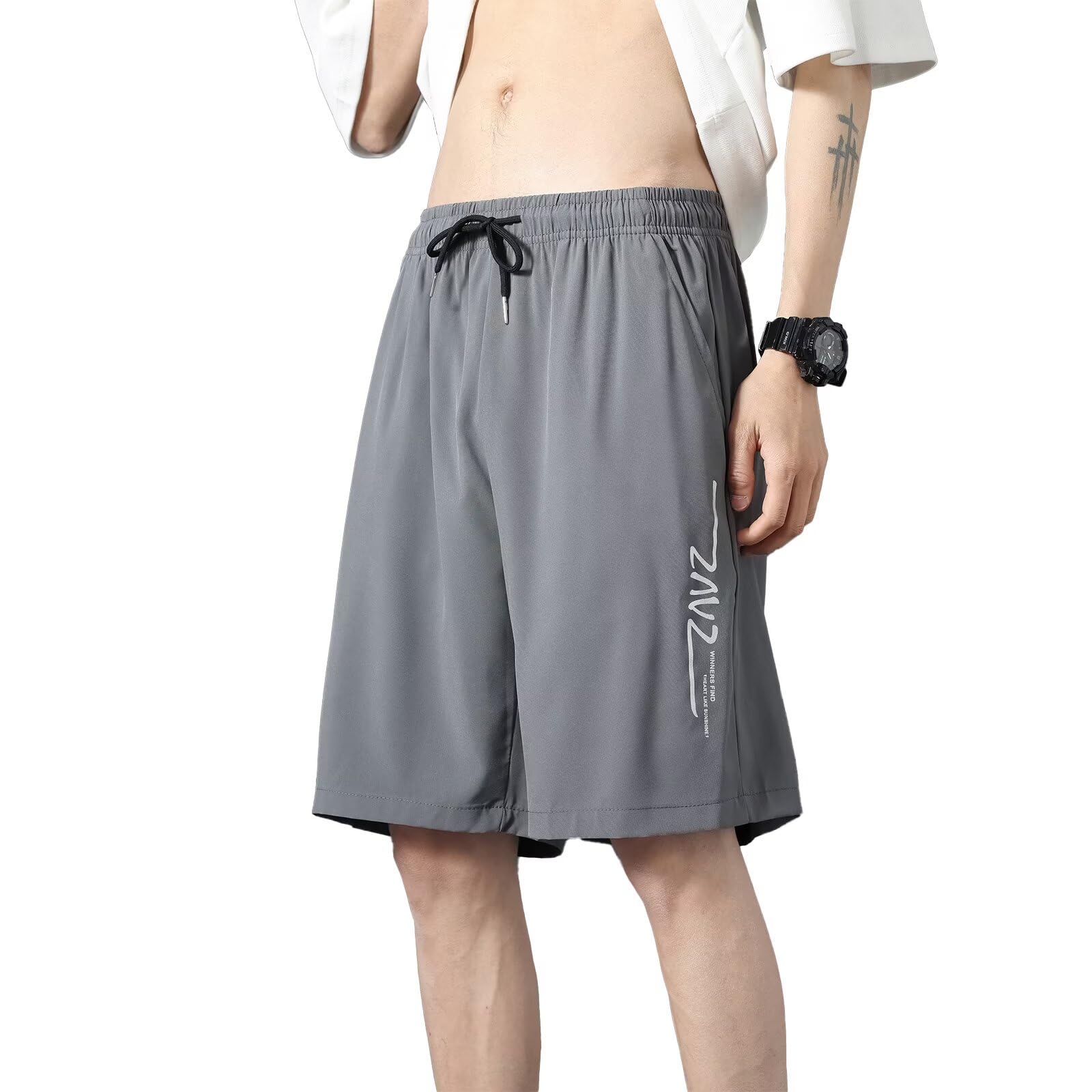 【送料無料】[Running sheep] ハーフパンツ メンズ 冷感 カジュアル 半ズボン ジャージ下 ショートパンツ スポーツ ハーフ フィットネスパンツ 夏服 [UVカット・通気速乾] 色：ダークグレー、サイズ：XL