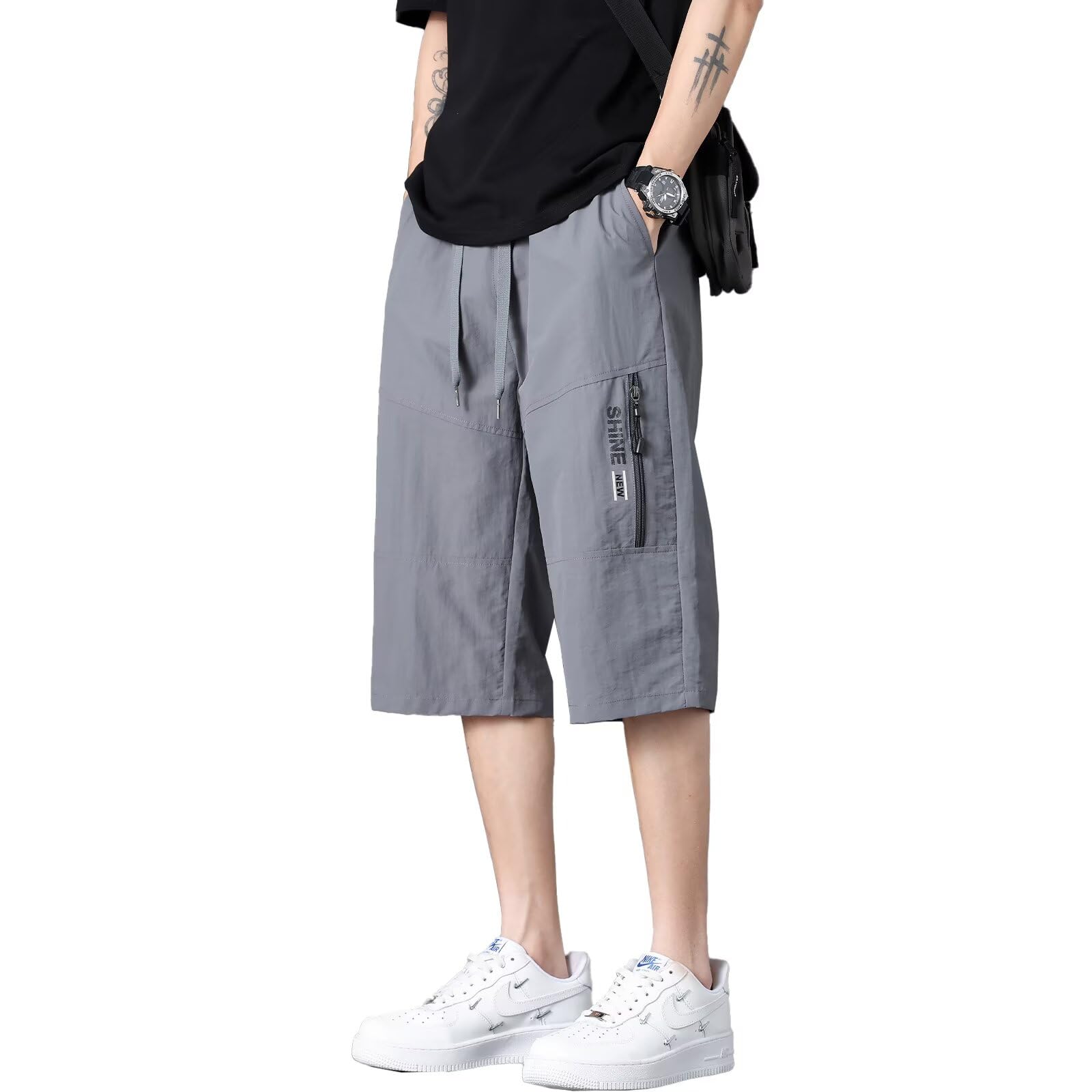 【送料無料】Running sheep ミディアムパンツ メンズ 冷感 7分丈 半ズボン クロップドパンツ ジャージ下 カジュアル ハーフパンツ スポーツ フィットネスパンツ 夏服 [UVカット・通気速乾] 色：ダークグレー、サイズ：S