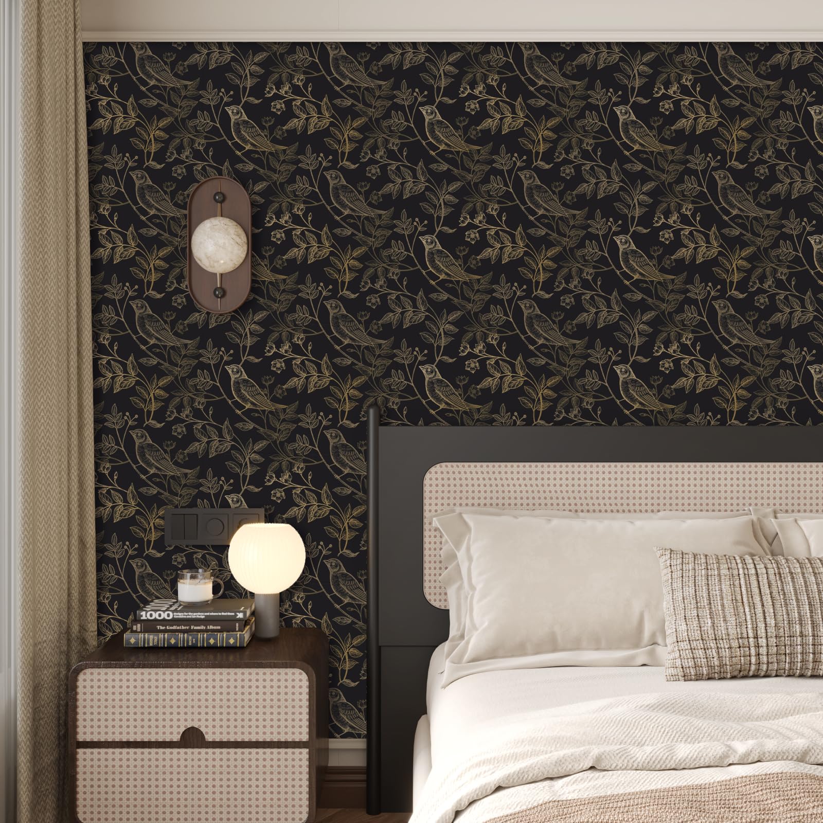【送料無料】VaryPaper リメイクシート 壁紙 44.5cmx2m ウォールステッカー 植物 鳥 花柄 ブラックxゴールド ボタニカル フラワー 防水シート ビニールシート 剥がせる壁紙 インテリア 壁飾り リフォーム 補修 模 色：ブラックxゴールド、サイズ：幅44.5 cm x 長さ2 m