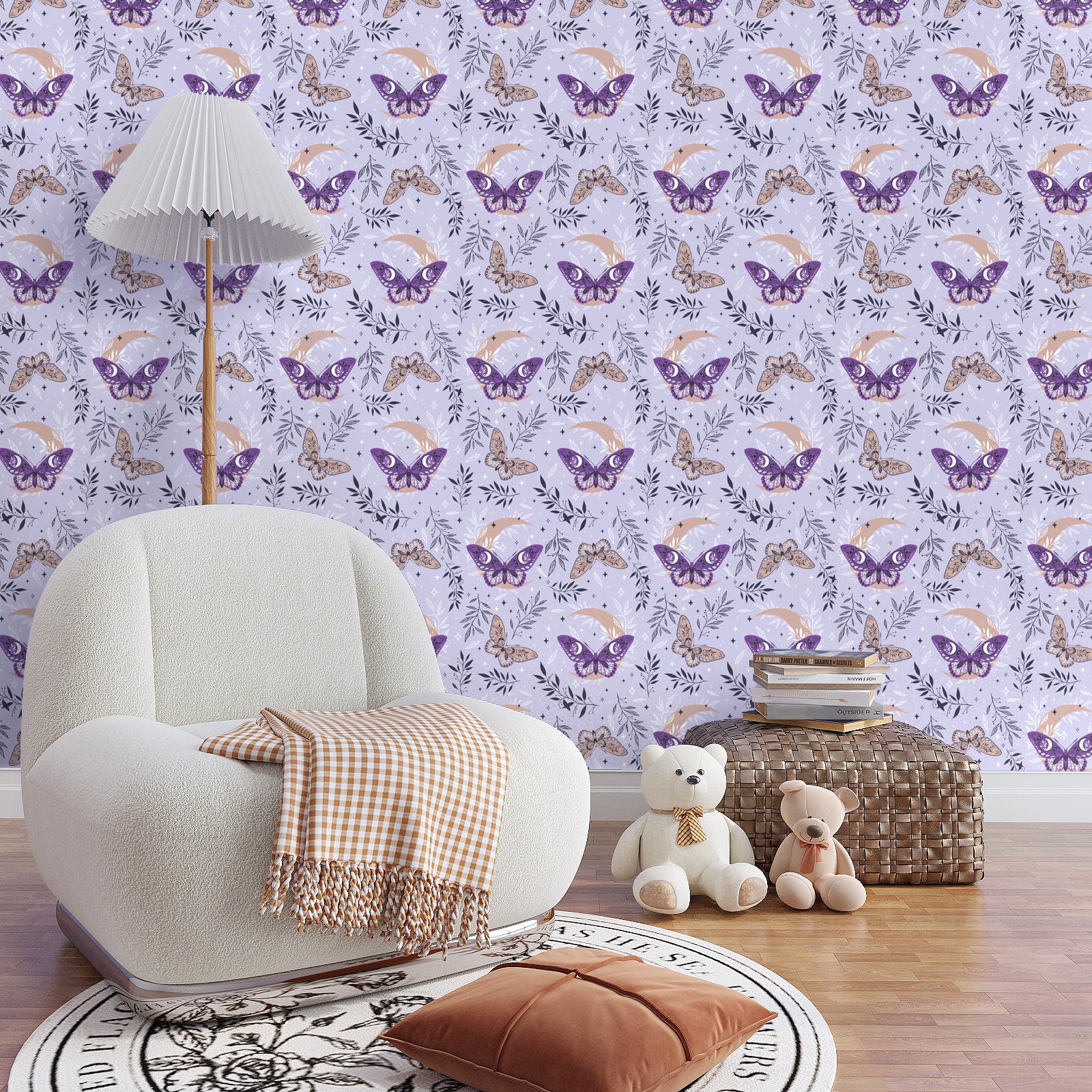 【送料無料】VaryPaper 壁紙 押入れシート のり付き ふすまに貼れる リメイクシート 蝶々 44.5x200cm パープル 襖紙 カッティングシート 剥がせる壁紙 おしゃれ ウォールステッカー 賃貸ok 耐久性 防水 防汚 補修 リフォーム 色：パープル、サイズ：幅44.5 cm x 長さ2 m
