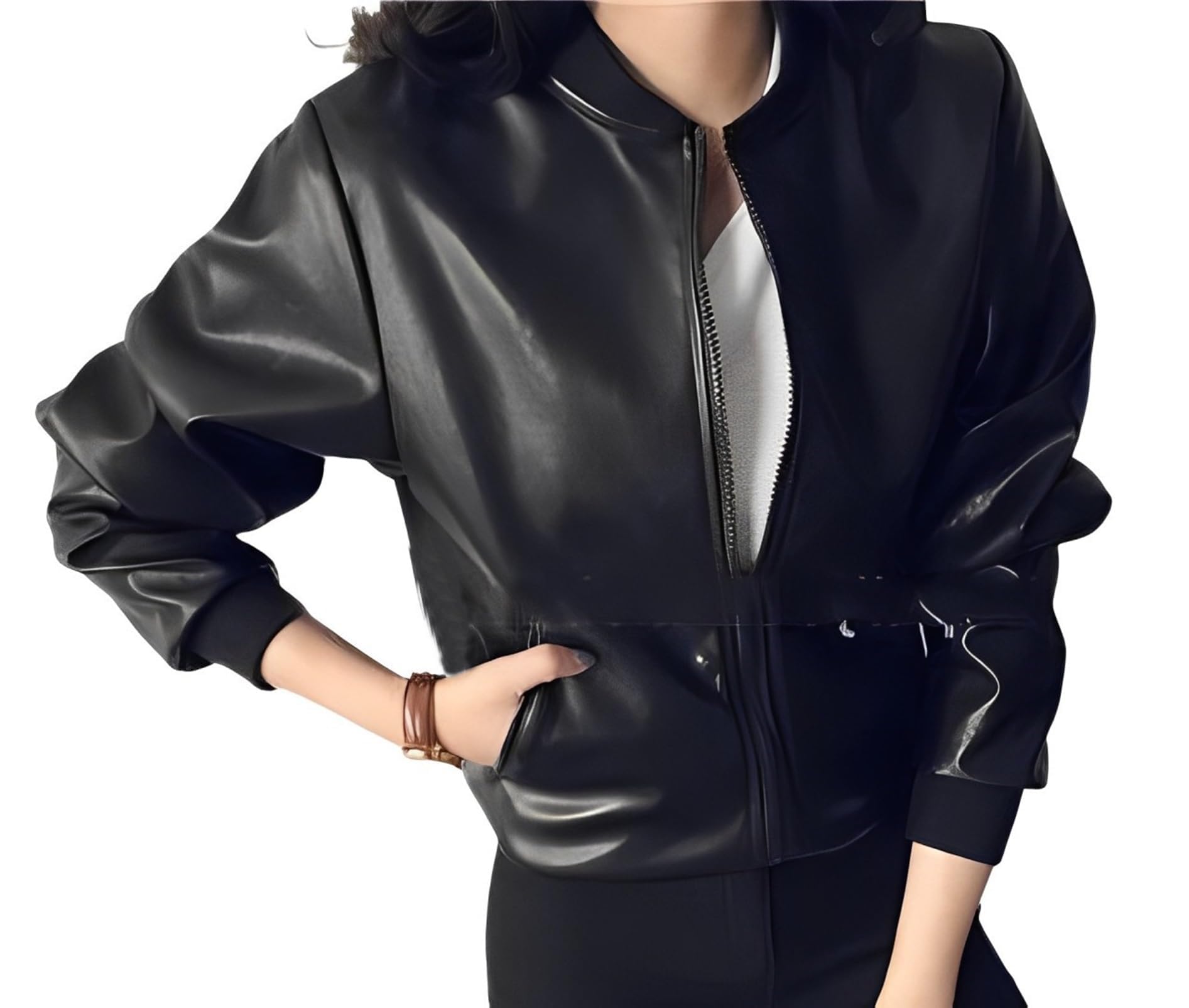 【送料無料】[toasoa] ジャケット レディース PU レザー カジュアル 秋 冬 ブルゾン MA-1 色：ブラック、サイズ：2XL