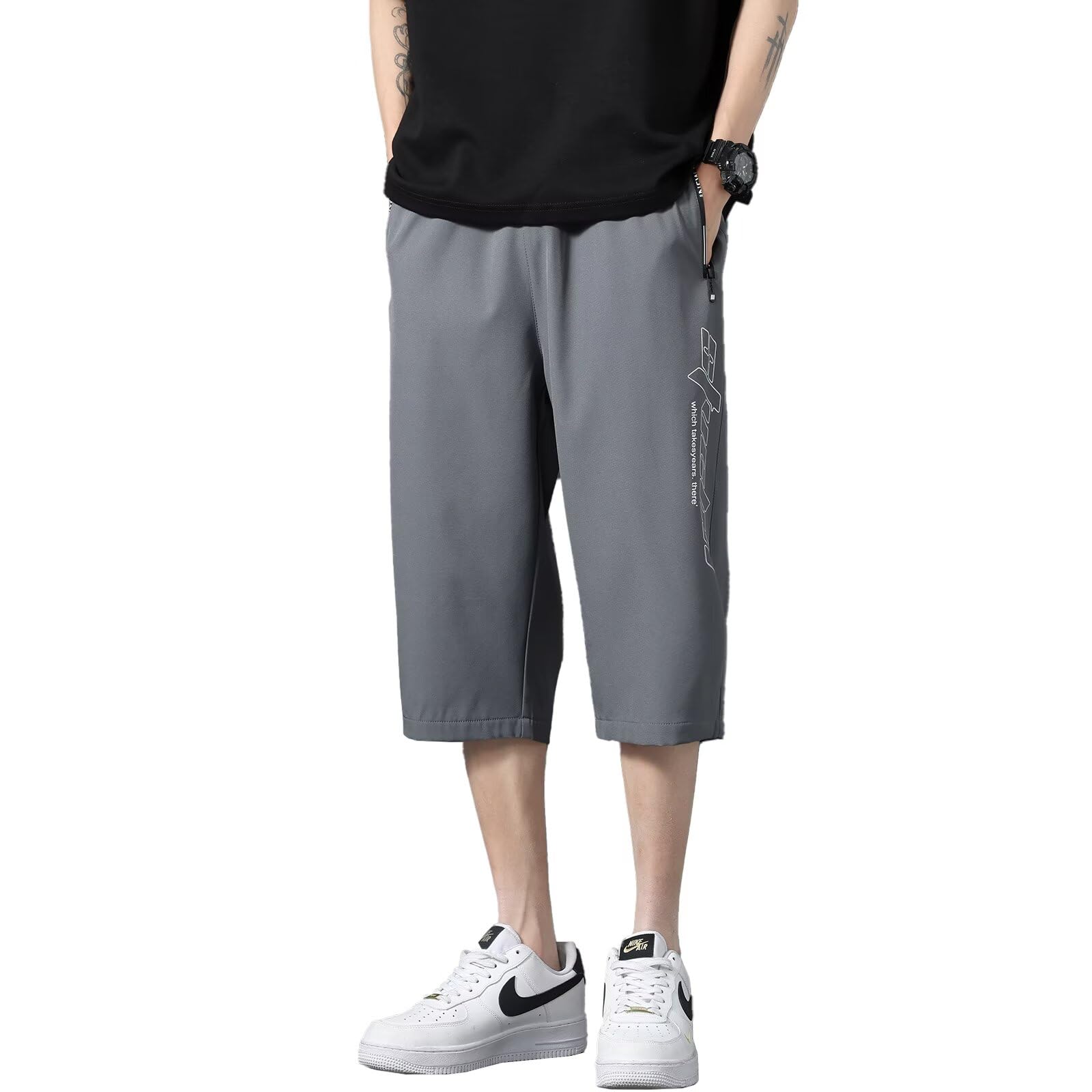 【送料無料】Running sheep ミディアムパンツ メンズ 冷感 7分丈 半ズボン クロップドパンツ ジャージ下 カジュアル ハーフパンツ スポーツ フィットネスパンツ 夏服 [UVカット・通気速乾] 色：ダークグレー、サイズ：M