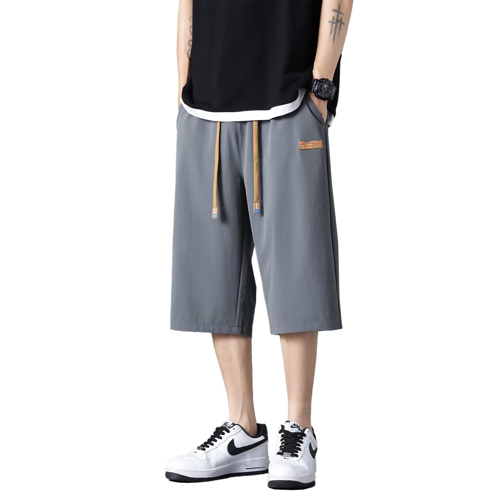 【送料無料】Running sheep ミディアムパンツ メンズ 冷感 7分丈 半ズボン クロップドパンツ ジャージ下 カジュアル ハーフパンツ スポーツ フィットネスパンツ 夏服 [UVカット・通気速乾] 色：ダークグレー、サイズ：S