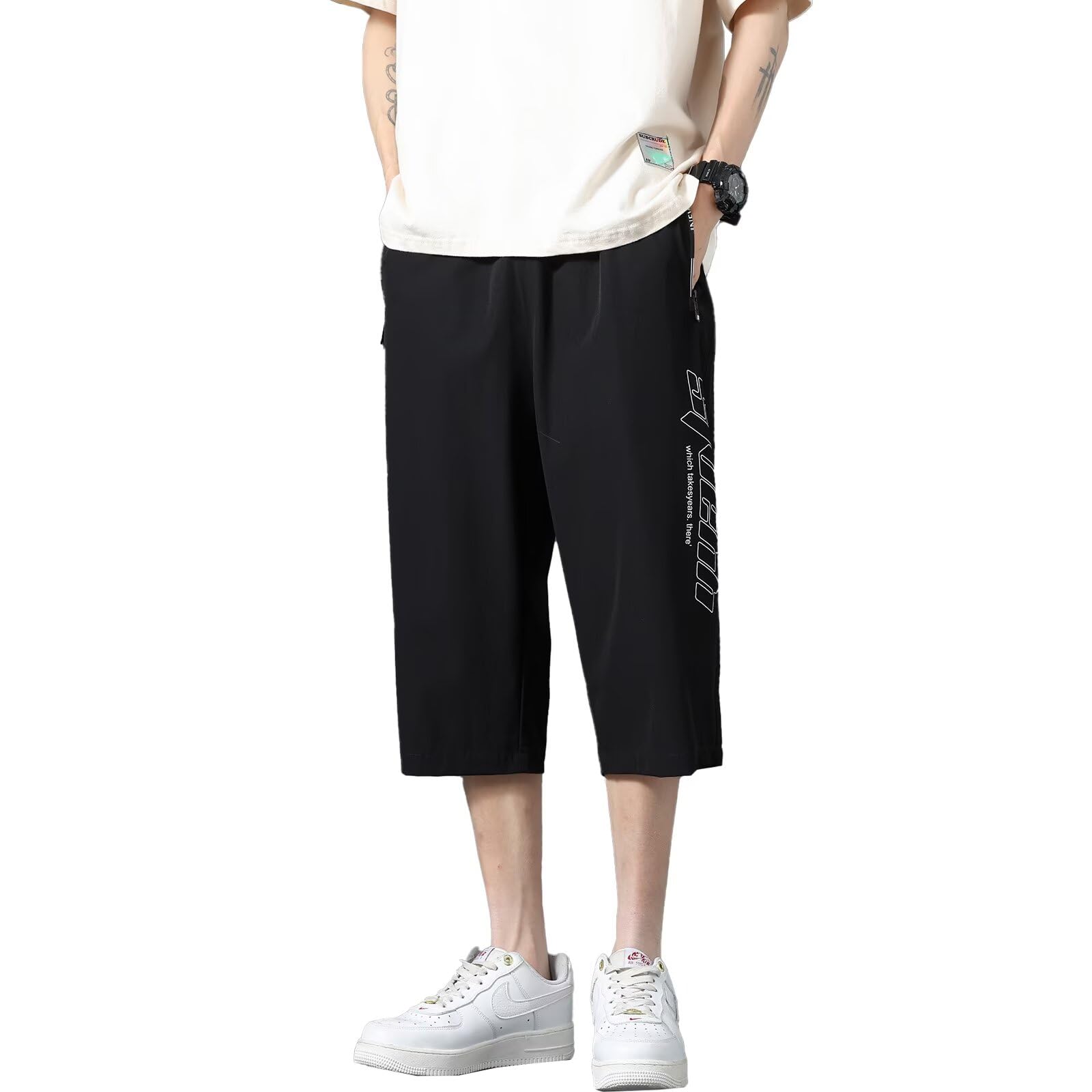 【送料無料】Running sheep ミディアムパンツ メンズ 冷感 7分丈 半ズボン クロップドパンツ ジャージ下 カジュアル ハーフパンツ スポーツ フィットネスパンツ 夏服 [UVカット・通気速乾] 色：ブラック、サイズ：L