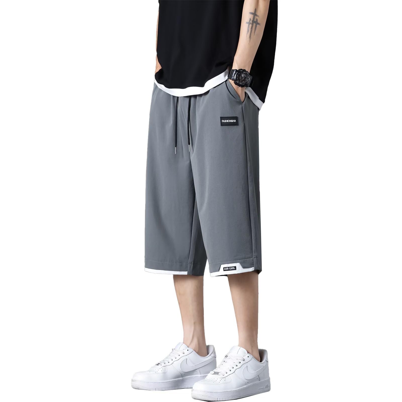 【送料無料】Running sheep ミディアムパンツ メンズ 冷感 7分丈 半ズボン クロップドパンツ ジャージ下 カジュアル ハーフパンツ スポーツ フィットネスパンツ 夏服 [UVカット・通気速乾] 色：ダークグレー、サイズ：M