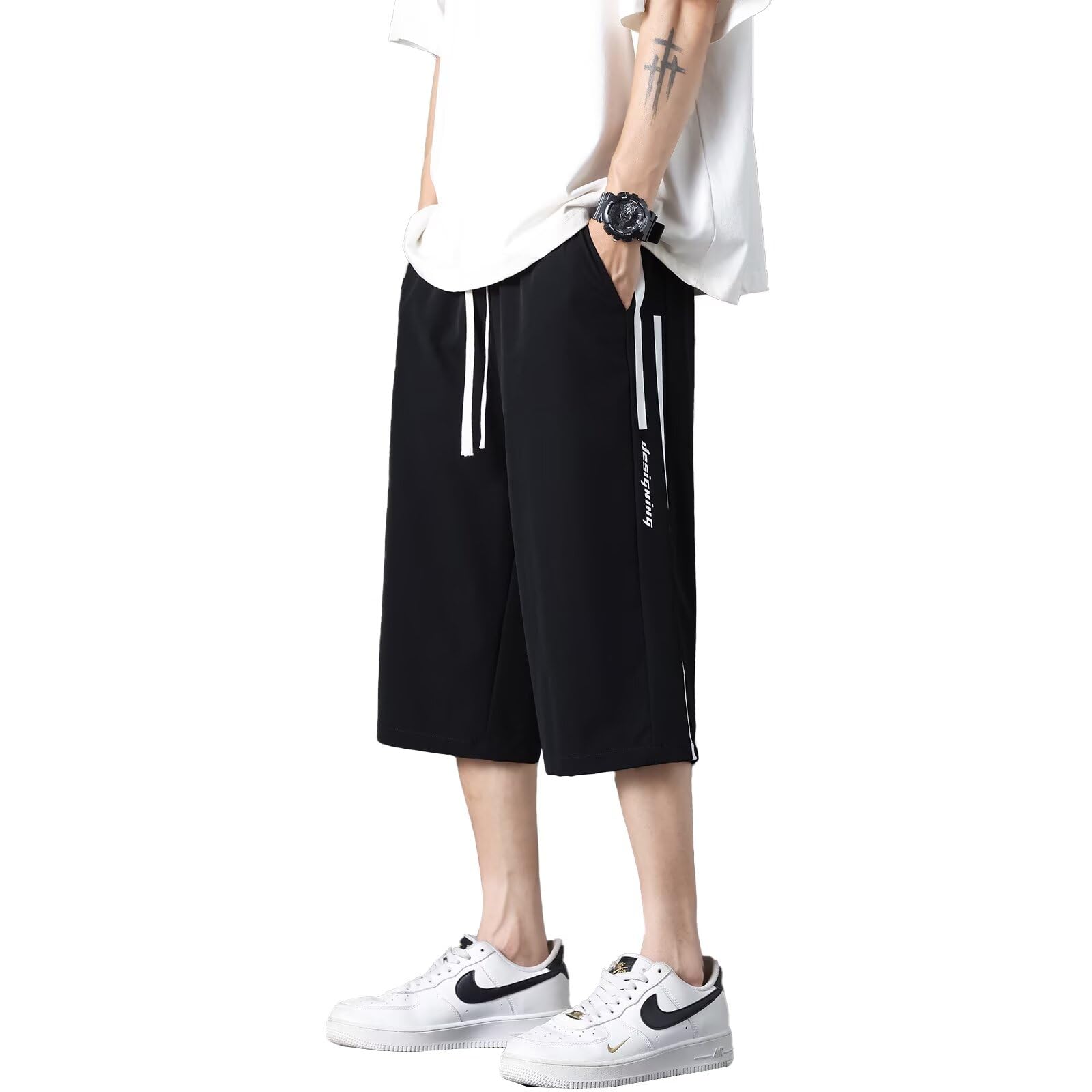 【送料無料】Running sheep ミディアムパンツ メンズ 冷感 7分丈 半ズボン クロップドパンツ ジャージ下 カジュアル ハーフパンツ スポーツ フィットネスパンツ 夏服 [UVカット・通気速乾] 色：ブラック、サイズ：S