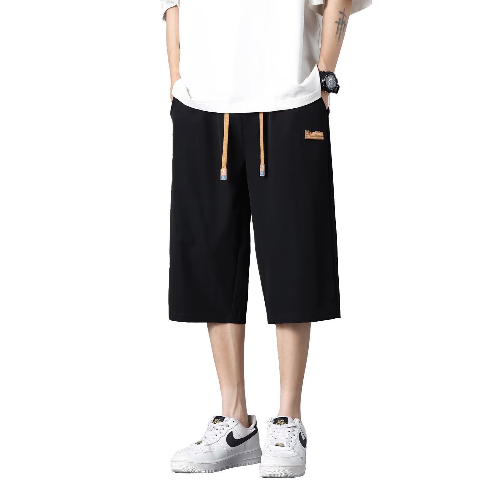 【送料無料】Running sheep ミディアムパンツ メンズ 冷感 7分丈 半ズボン クロップドパンツ ジャージ下 カジュアル ハーフパンツ スポーツ フィットネスパンツ 夏服 [UVカット・通気速乾] 色：ブラック、サイズ：L