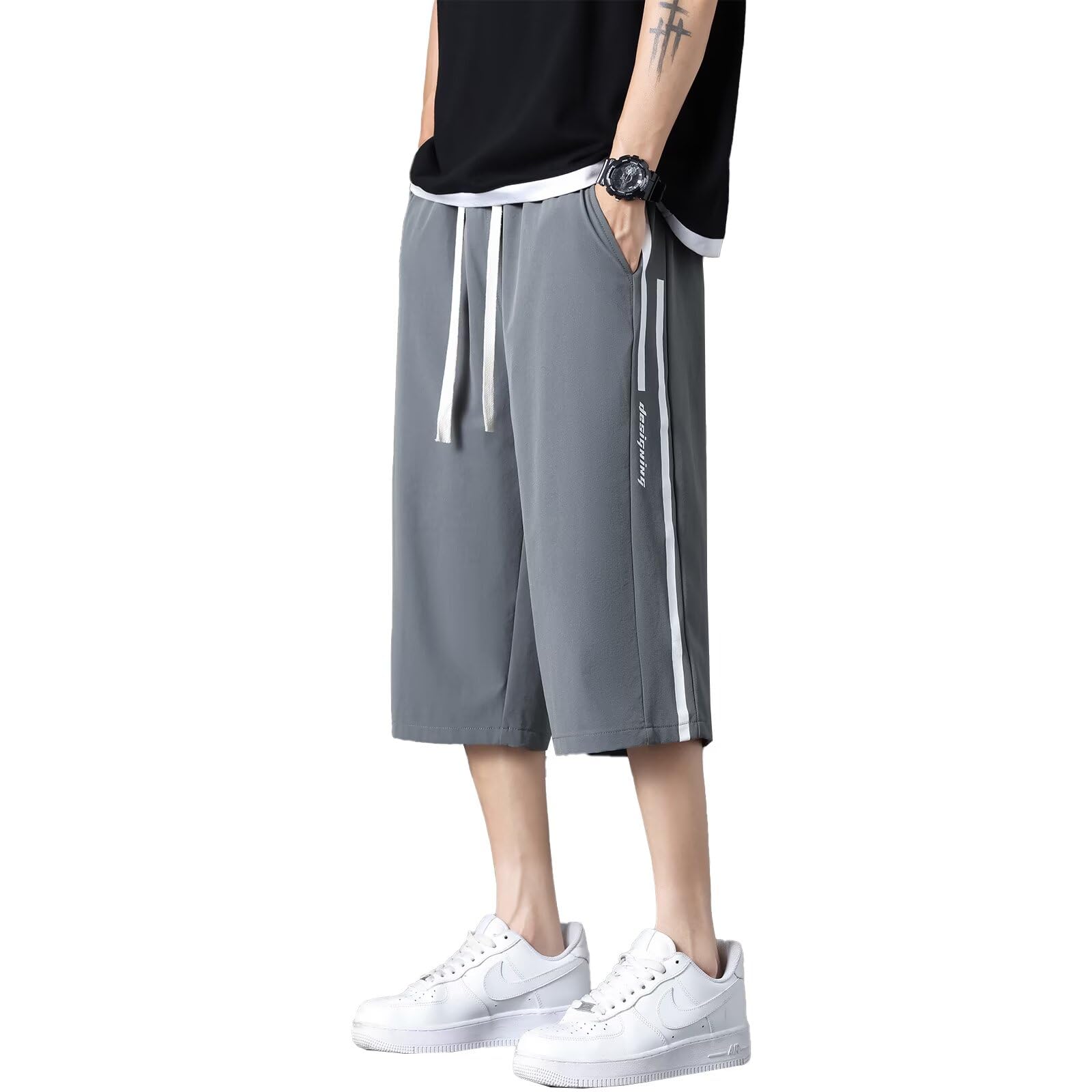 【送料無料】Running sheep ミディアムパンツ メンズ 冷感 7分丈 半ズボン クロップドパンツ ジャージ下 カジュアル ハーフパンツ スポーツ フィットネスパンツ 夏服 [UVカット・通気速乾] 色：ダークグレー、サイズ：XL