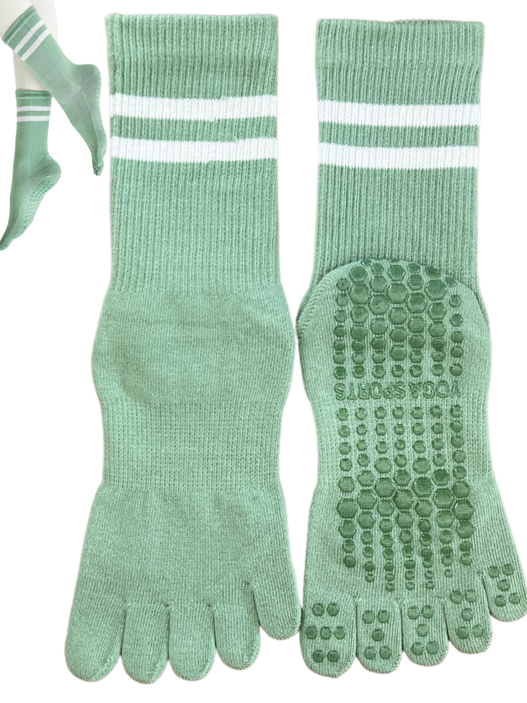 【送料無料】[Monlyu] ヨガソックス 5本指 滑り止め レディース ピラティスソックス ヨガ 靴下 抗菌防臭 ロング ピラティス スポーツ トレーニング グリップ ソックス すべりどめ ウェア 冷房対策 防寒対策 くつした くつ下 吸湿性 通気 色：グリーン、サイズ：Free Size