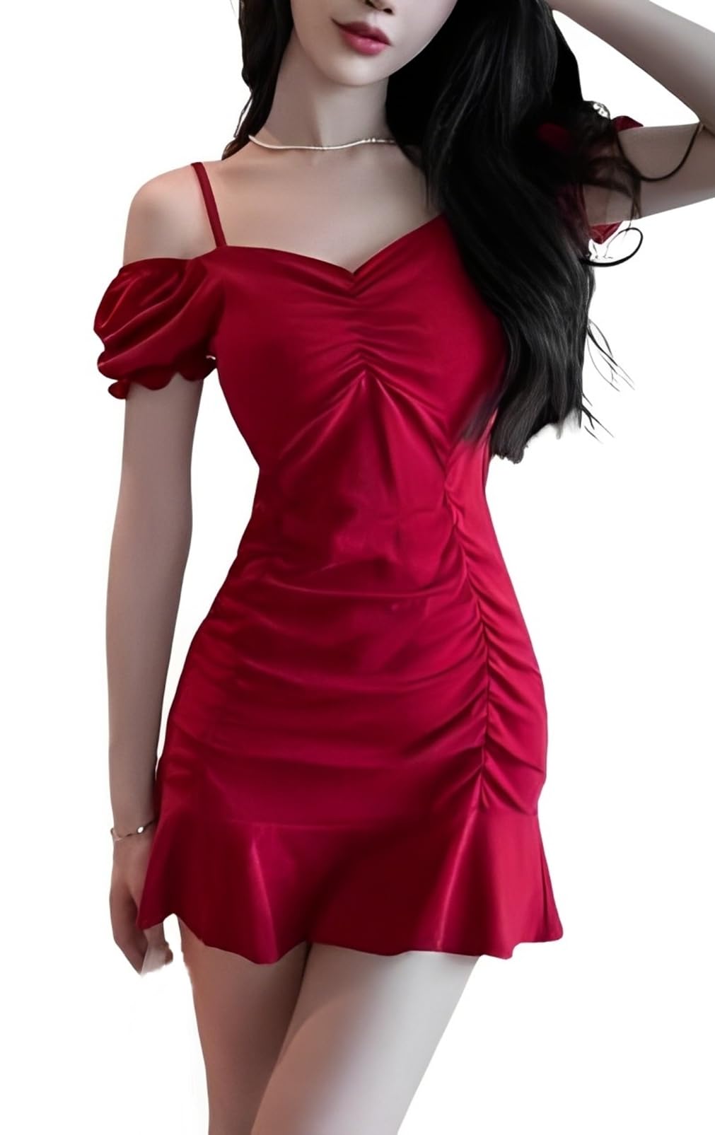 【送料無料】[トーアソーア] ワンピース レディース タイト セクシー オフショルダー ミニ スカート 半袖 パフスリーブ シャーリング 色：レッド、サイズ：M