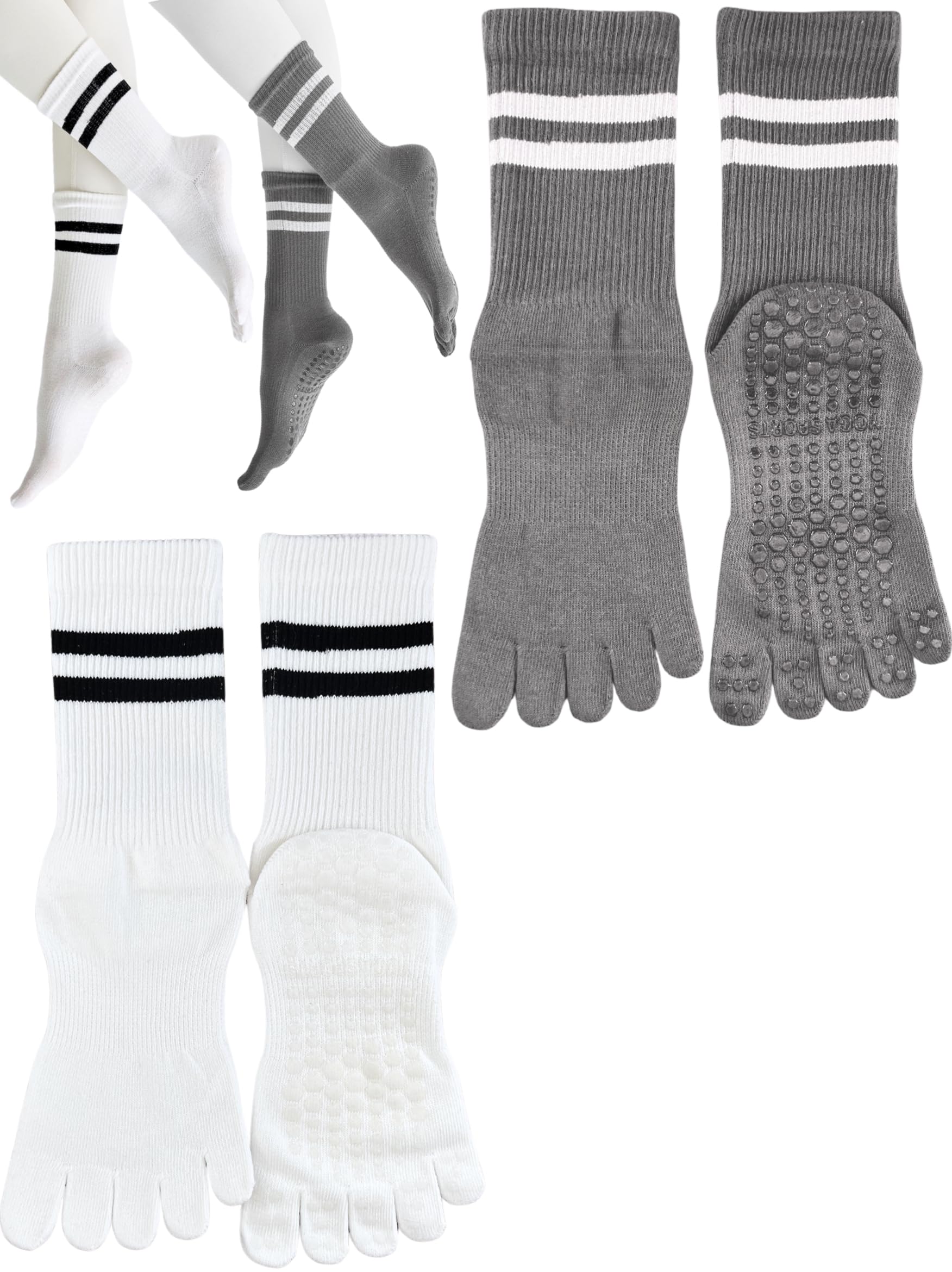 【送料無料】[Monlyu] ヨガソックス 5本指 滑り止め レディース ピラティスソックス ヨガ 靴下 抗菌防臭 ロング ピラティス スポーツ トレーニング グリップ ソックス すべりどめ ウェア 冷房対策 防寒 色：A.ホワイト/チャコールグレー（2足セット）、サイズ：Free Size