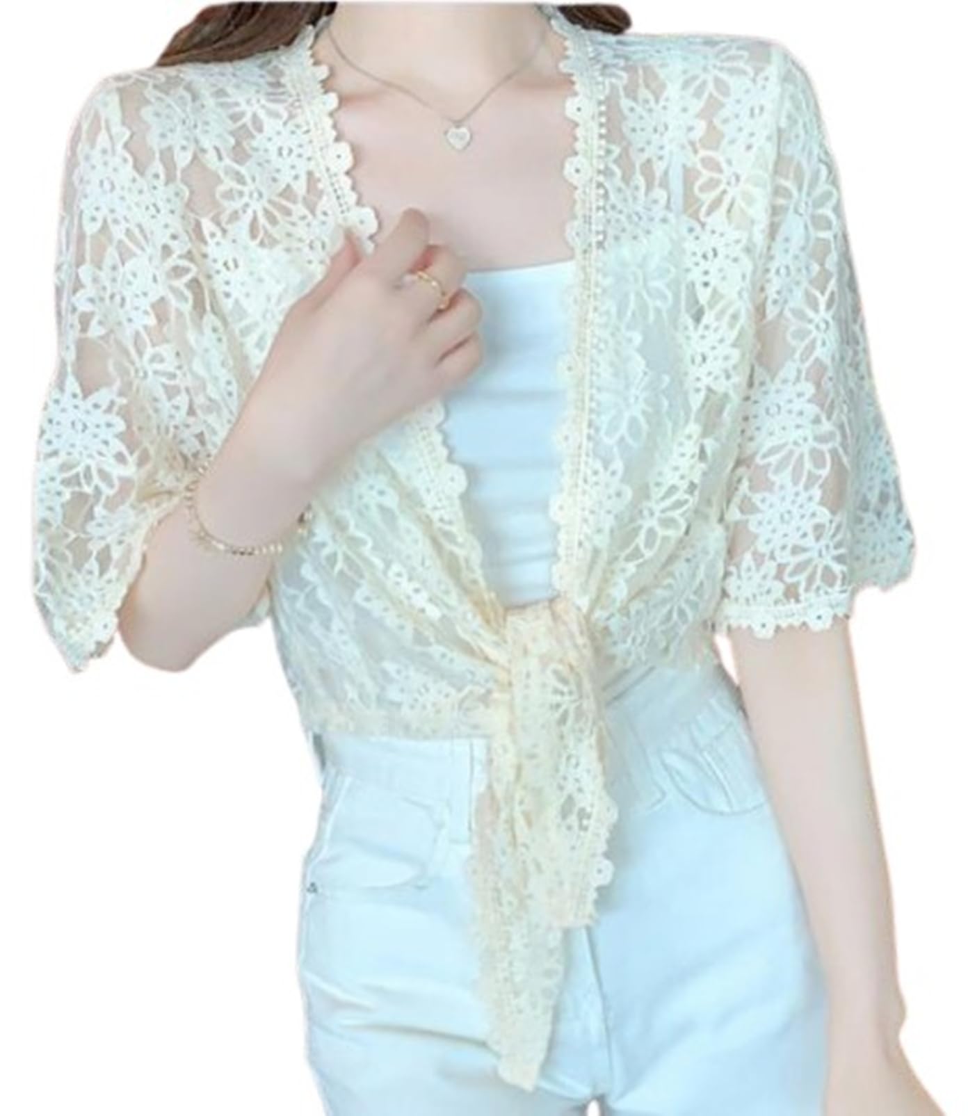【送料無料】[toasoa] レース ボレロ レディース 五分袖 花柄 前 リボン フレアスリーブ 色：アイボリ..
