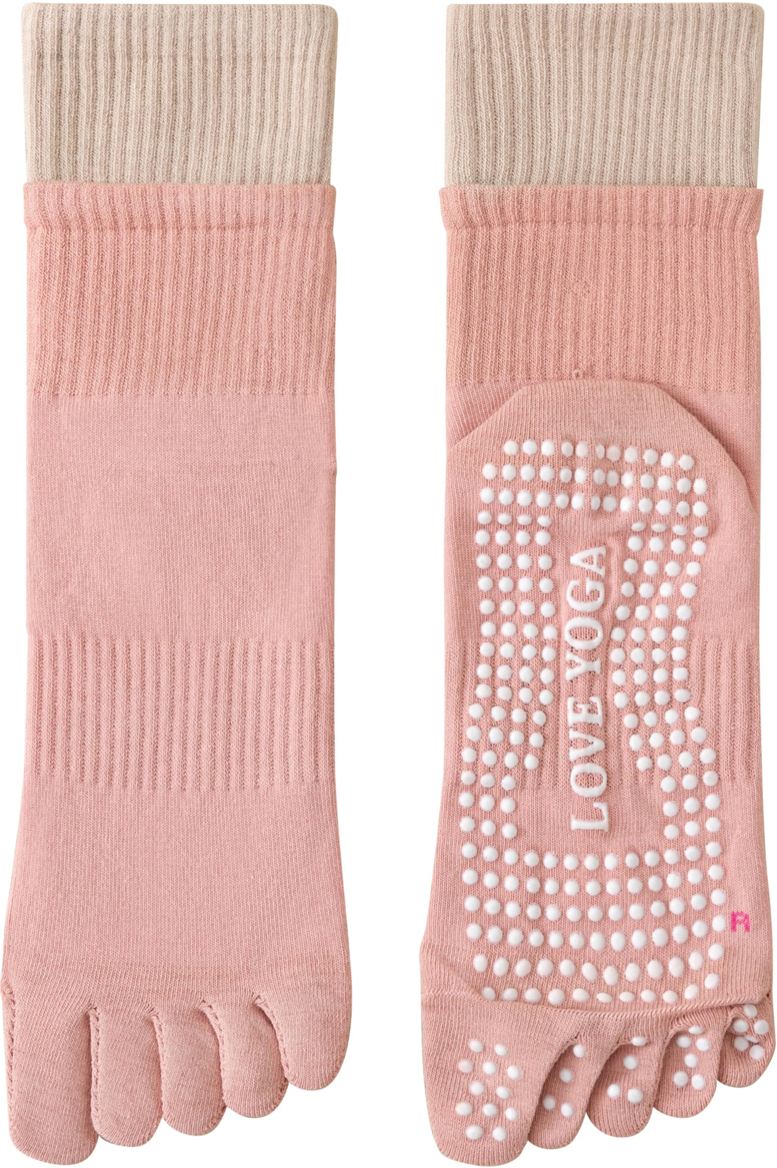 【送料無料】[Monlyu] ヨガソックス 5本指 滑り止め レディース ピラティスソックス ヨガ 靴下 抗菌防臭 ロング ピラティス スポーツ トレーニング グリップ ソックス すべりどめ ウェア 冷房対策 防寒対策 くつした くつ下 色：C.ピンク×ベージュ、サイズ：Free Size