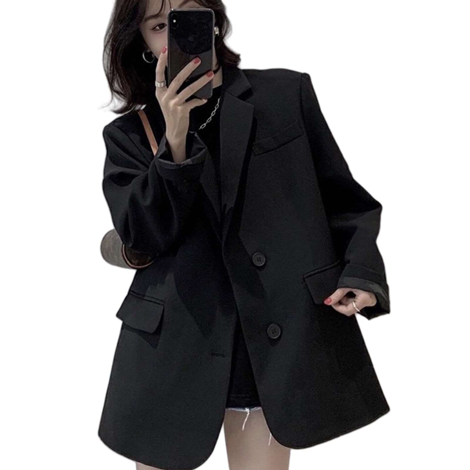 【送料無料】[TeMibery Lyric] ジャケット レディース 春 秋 冬 上品 オフィス 薄手 着痩せ 大きいサイズ 長袖 ゆったり コート ブレザー 秋服 トップス 体型カバー エレガント vネック 無地 カジュアル アウター おしゃれ ビジネス き 色：ブラック、サイズ：Free Size