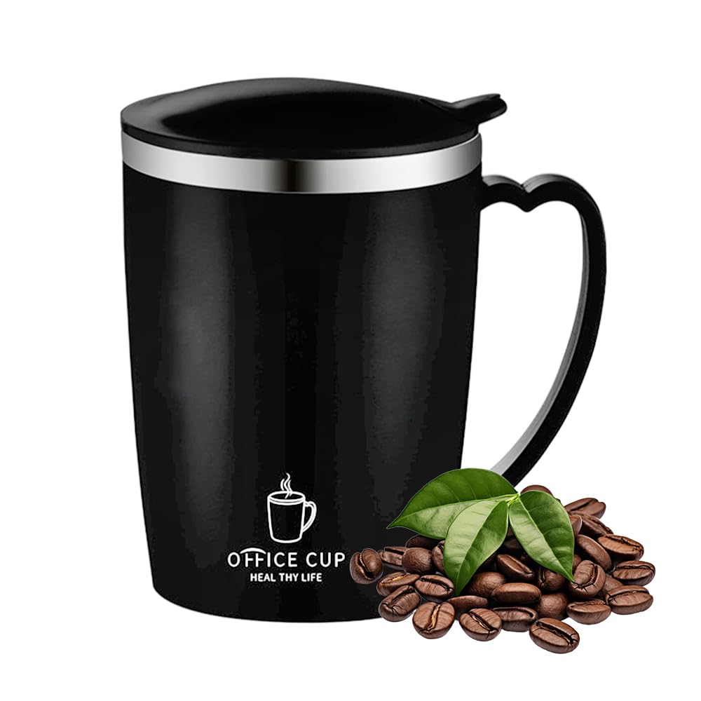 【送料無料】ウォーターカップ 304 ステンレススチール コーヒーカップ 二重層断熱 保冷保温両用 やけど防止ハンドル 蓋付き 広口冷たい飲み物にも温かい飲み物にも最適 色：ブラック