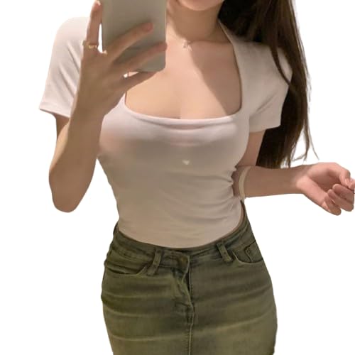 【送料無料】[NICE SELECTION] メンズエステ メンエス 衣装 チビT Tシャツ カットソー レディース ニット 服 トップス 胸元 セクシー sexy 色：ホワイト、サイズ：S