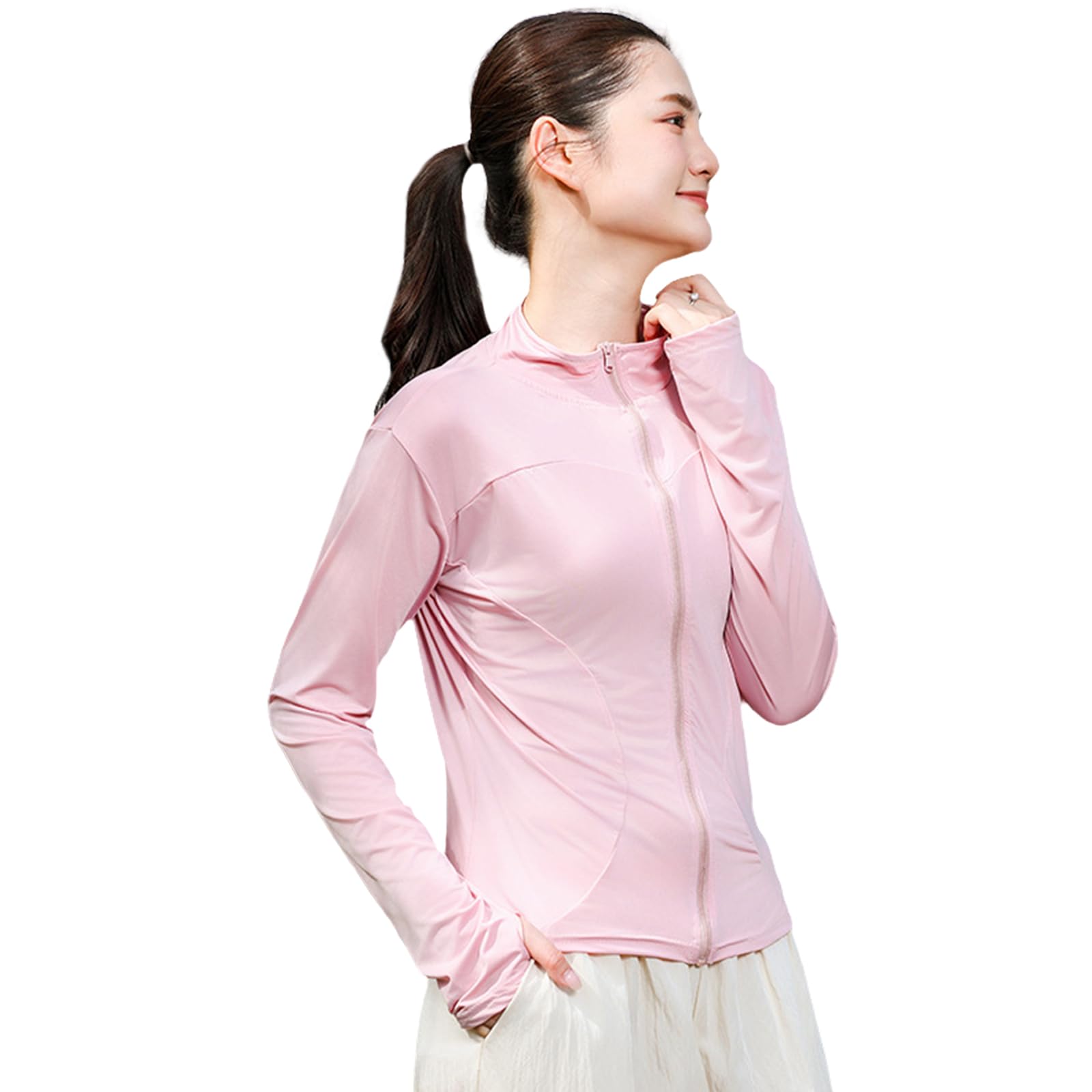 【送料無料】[TeMibery Lyric] ラッシュガード レディース uvカット トップス UPF50+ 日焼け防止服 長袖 指穴デザイン 薄手 通気性 接触冷感 涼しい 冷感素材 日焼け対策 紫外線対策 カジュアル 可愛い おしゃれ 大きいサイズ 前開き 夏 色：ピンク、サイズ：M