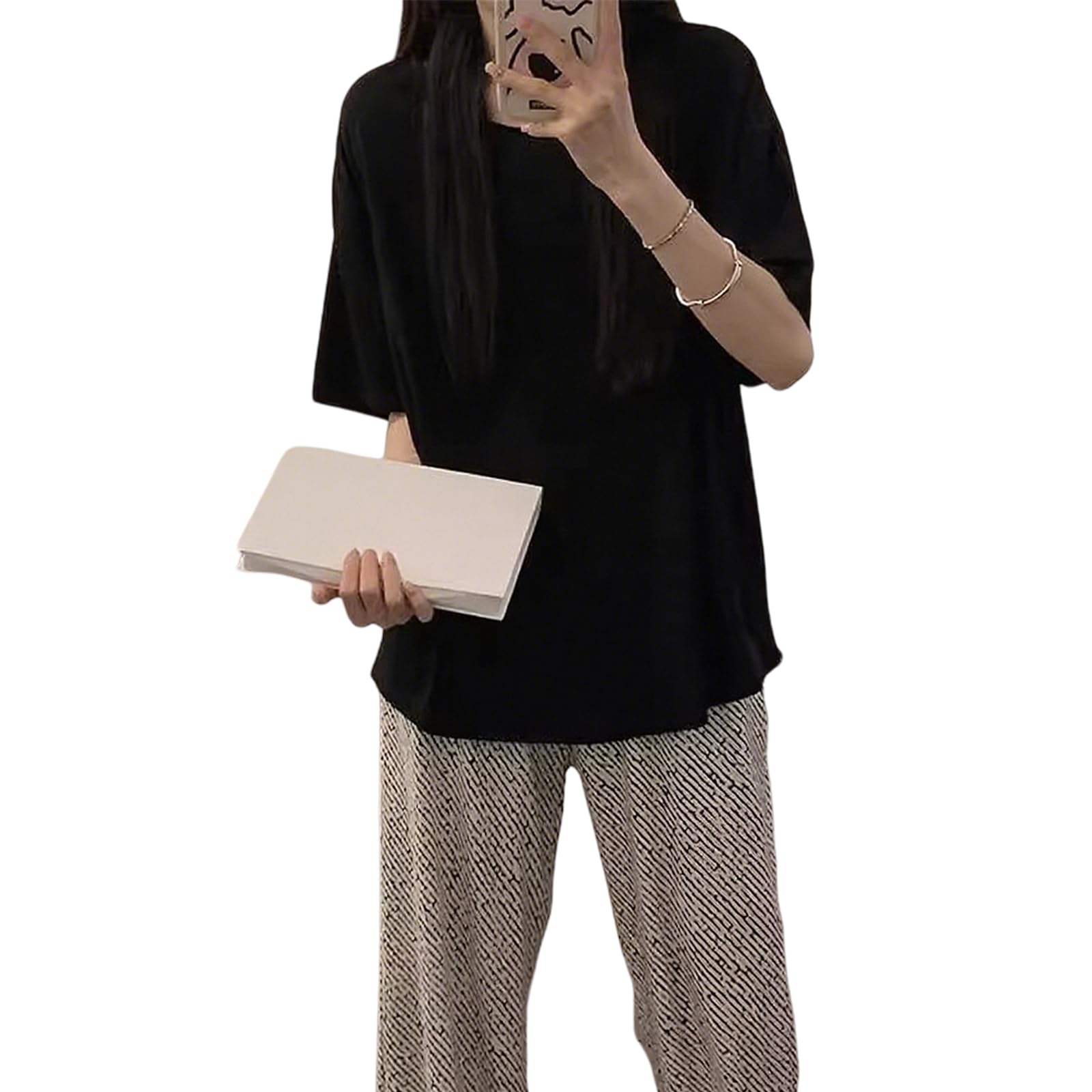 【送料無料】[TeMibery Lyric] パジャマ レディース ルームウェア 半袖 部屋着 2点セット 上下セット セットアップ 薄手 かわいい ショートパンツ プリント ウエストゴム 涼しい 吸汗 半袖Tシャツ 通気 大きいサイズ ゆったり 無地 短パン 夏 色：ブラック、サイズ：L