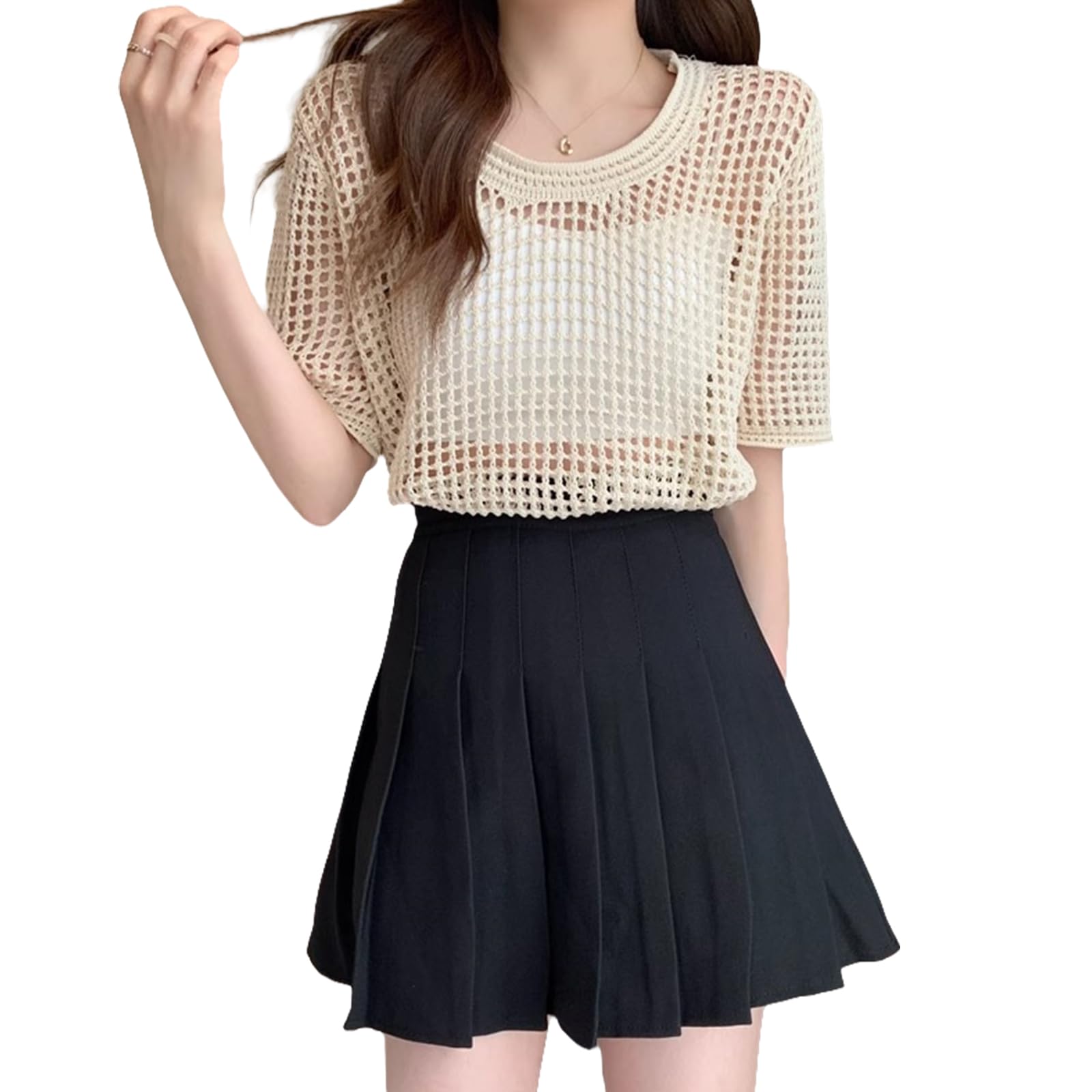 【送料無料】[TeMibery Lyric] セーター レディース ニット サマーニット 無地 透かし編み トップス クルーネック 半袖 五分袖 薄手 おしゃれ カジュアル ストレッチ 着痩せ プルオーバー シンプル ゆったり カットソー 通気性 伸縮 色：アプリコット、サイズ：Free Size