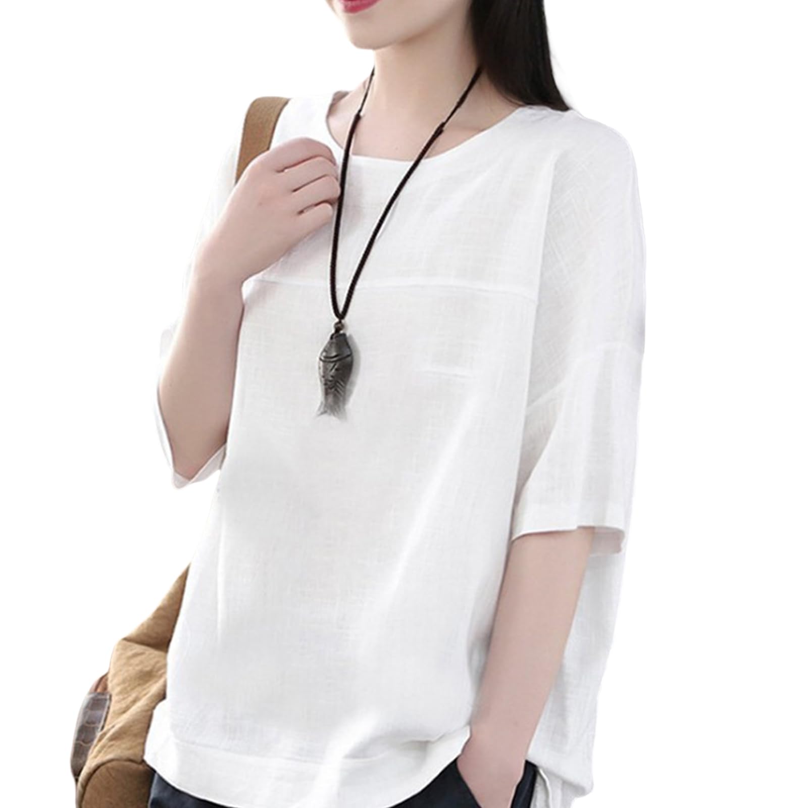 【送料無料】[TeMibery Lyric] tシャツ レディース クルーネック トップス カットソー 五分袖 半袖 着痩せ ゆったり ティーシャツ きれいめ 薄手 可愛い 無地 おしゃれ シンプル 体型カバー オフィス 快適 柔らかい 通気性 普段着 春 夏 色：ホワイト、サイズ：Free Size