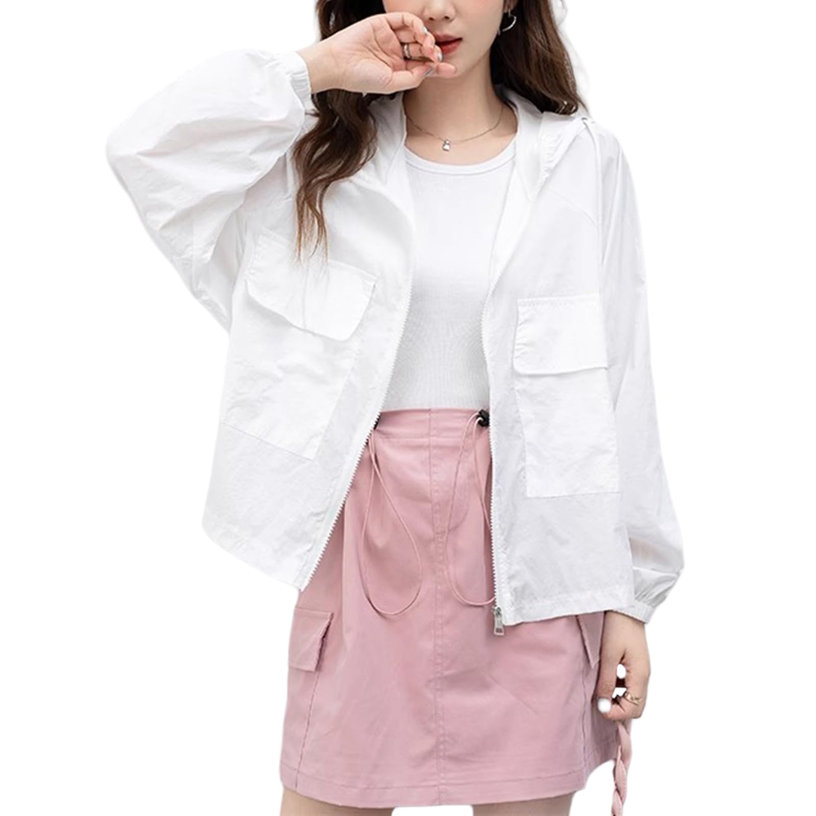 【送料無料】[TeMibery Lyric] パーカー レディース ラッシュガード フード付き ライトアウター ジャケット uvカット 日焼け防止服 夏 長袖 日焼け対策 紫外線対策 トップス 薄手 通気性 接触冷感 涼しい 冷感素材 カジュアル おしゃれ 色：ホワイト、サイズ：Free Size