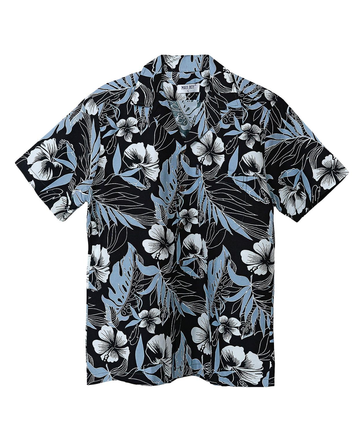 【送料無料】[Four leaf] おしゃれ アロハシャツ メンズ 半袖 夏服 服 カジュアルかりゆしウェア 柄シャツ 開襟シャツ トップス ハワイアン ゆったり カジュアル 綿 コットン100% 色：ブラックグレー、サイズ：L