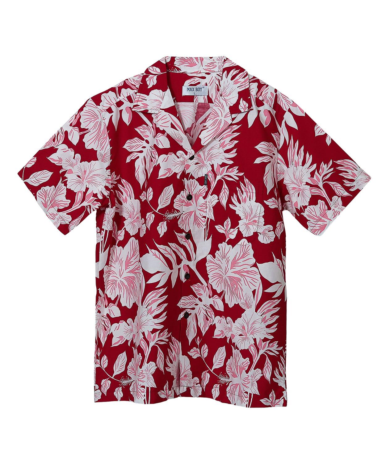 【送料無料】[Four leaf] おしゃれ アロハシャツ メンズ 半袖 夏服 服 カジュアルかりゆしウェア 柄シャツ 開襟シャツ トップス ハワイアン ゆったり カジュアル 綿 コットン100% 色：レッドピンク、サイズ：L