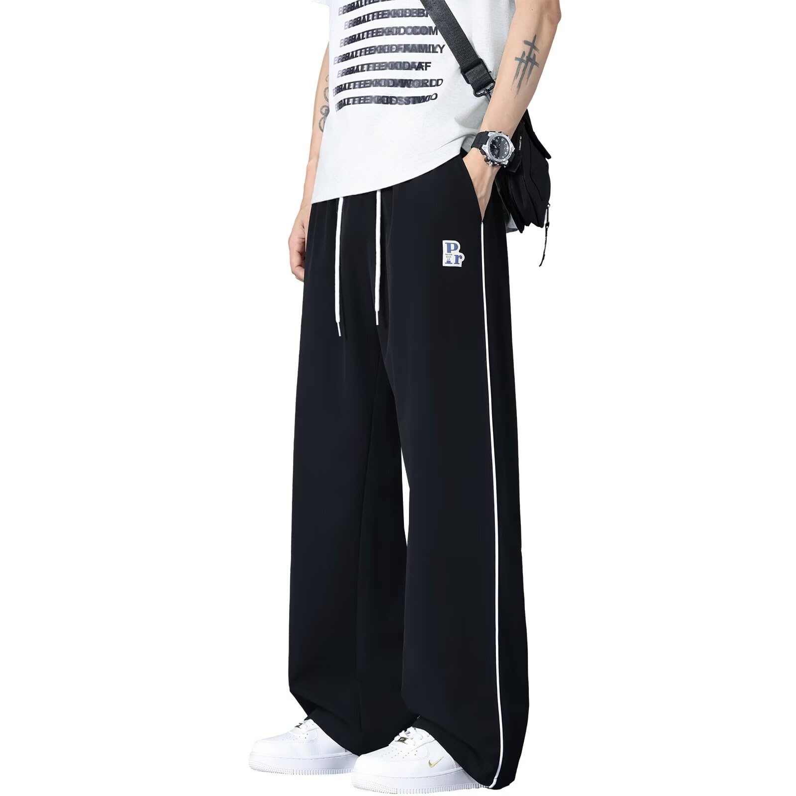 【送料無料】[Running sheep] ジャージ下 メンズ ゆったり ロングパンツ ワイドパンツ イージーパンツ フィトネスパンツ 大きいサイズ 通気速乾 色：ブラック、サイズ：L(4)