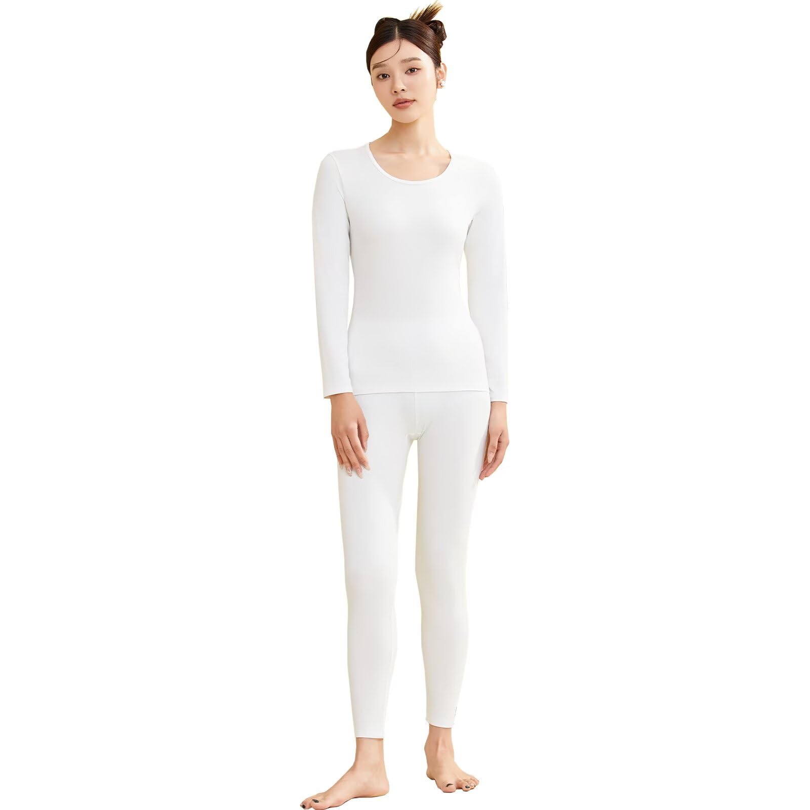 【送料無料】[Running sheep] あったかインナー 上下セット レディース 防寒インナー セットアップ ヒートテック 長袖シャツ + ロングタイツ 保温インナー 色：ホワイト、サイズ：2XL