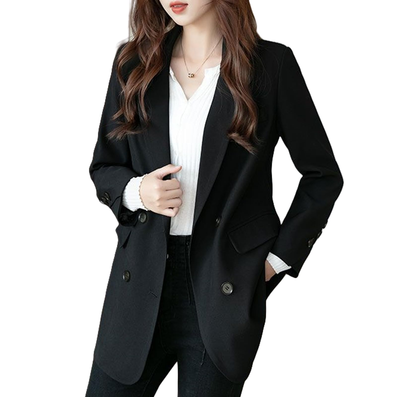 【送料無料】[TeMibery Lyric] ジャケット レディース スーツ - 大きいサイズ コート カジュアル 体型カバー 上品 着痩せ ゆったり 長袖 トップス アウター おしゃれ Vネック オフィス ビジネス 薄手 きれい 無地 ブレザー エレガント 春 秋 冬 色：ブラック、サイズ：M