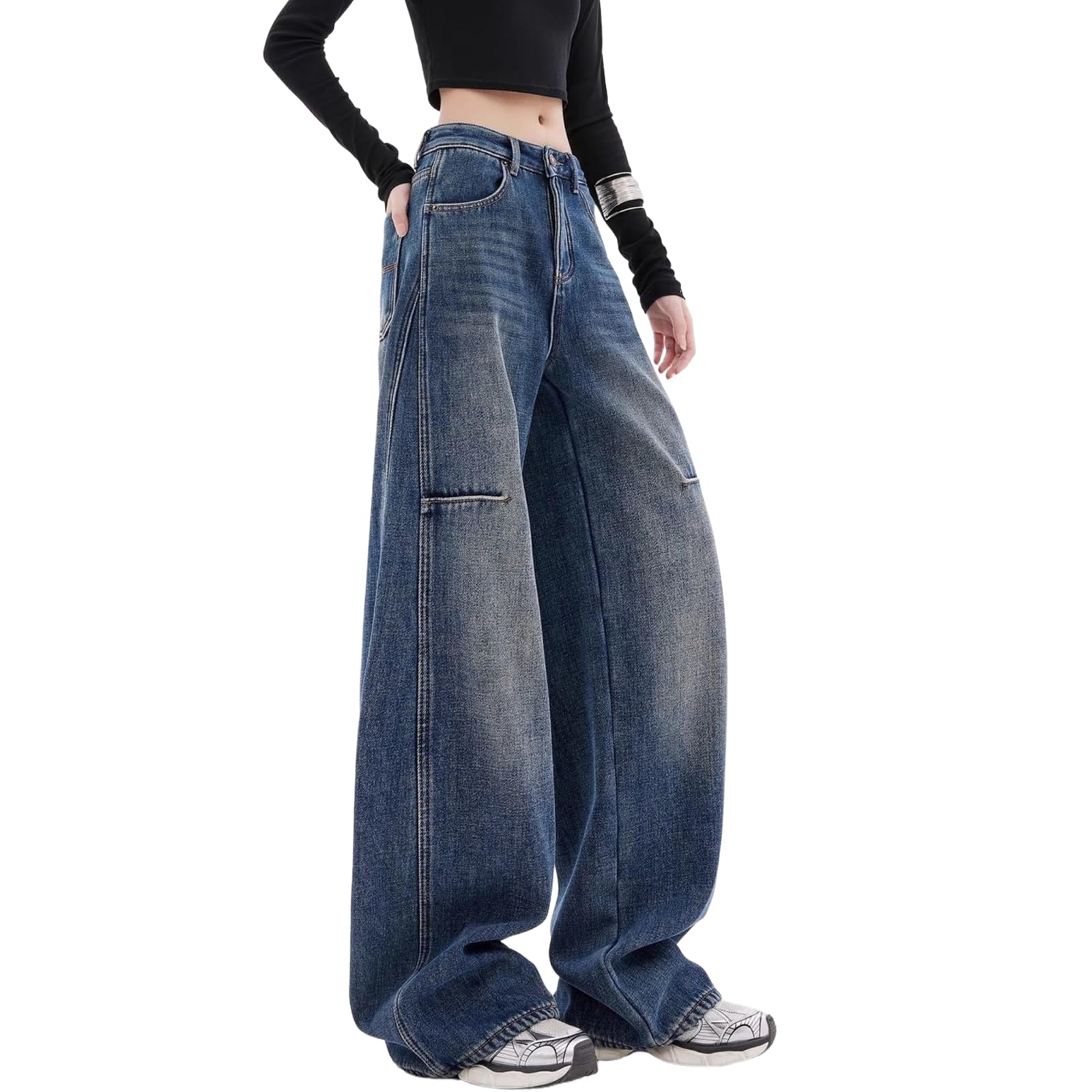 【送料無料】[TeMibery Lyric] デニム レディース ジーンズ ロングパンツ - ワイドパンツ ハイウエスト ズボン ゆったり ジーパン カジュアル おしゃれ ストレート 美脚 可愛い 無地 ボトムス シンプル 体型カバー きれいめ 大きいサイズ 色：ブルー、サイズ：L RegularR