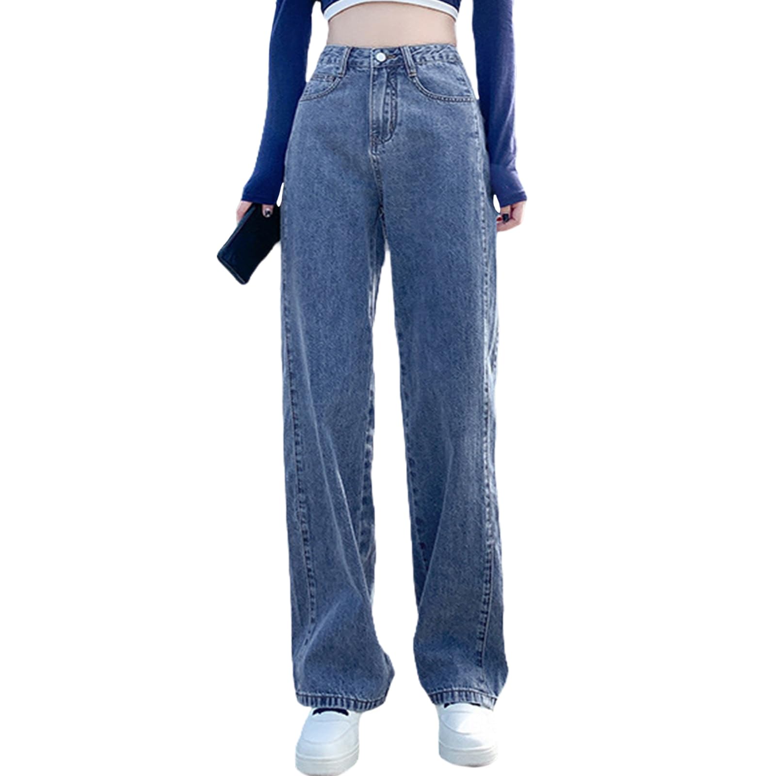 【送料無料】[TeMibery Lyric] デニム レディース ジーンズ ロングパンツ - ワイドパンツ ハイウエスト ズボン ゆったり ジーパン カジュアル 大きいサイズ おしゃれ ストレート きれいめ 体型カバー 美脚 可愛い 無地 ボ 色：ダークブルー、サイズ：Free Size RegularR