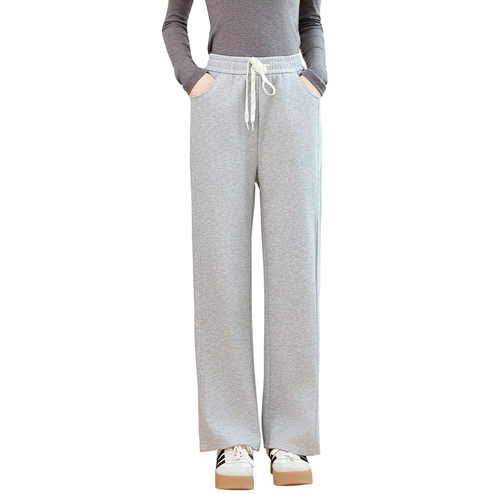 【送料無料】[Running sheep] スウェットパンツ レディース ロングパンツ ゆったり ワイドパンツ ジャージ下 長ズボン カジュアル ストレートパンツ 色：ライトグレー、サイズ：L(4)