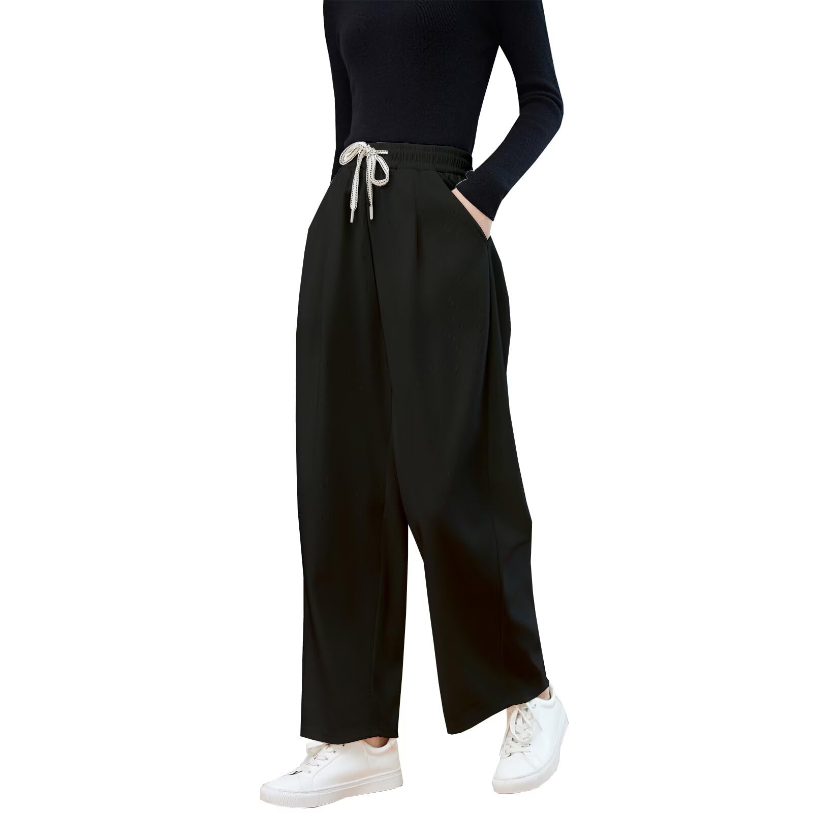 【送料無料】[Running sheep] ロングパンツ レディース ワイドパンツ スラックス 長ズボン ゆったり カジュアル イージーパンツ 色：ブラック、サイズ：M(4)