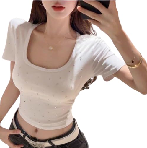 【送料無料】[NICE SELECTION] メンズエステ メンエス 衣装 チビT Tシャツ 韓国風トップス 半袖 レディース ストレッチ タイトトップス 胸元強調 セクシー sexy 小さめ フィット感 ショート丈へそ出し 色：ホワイト、サイズ：M