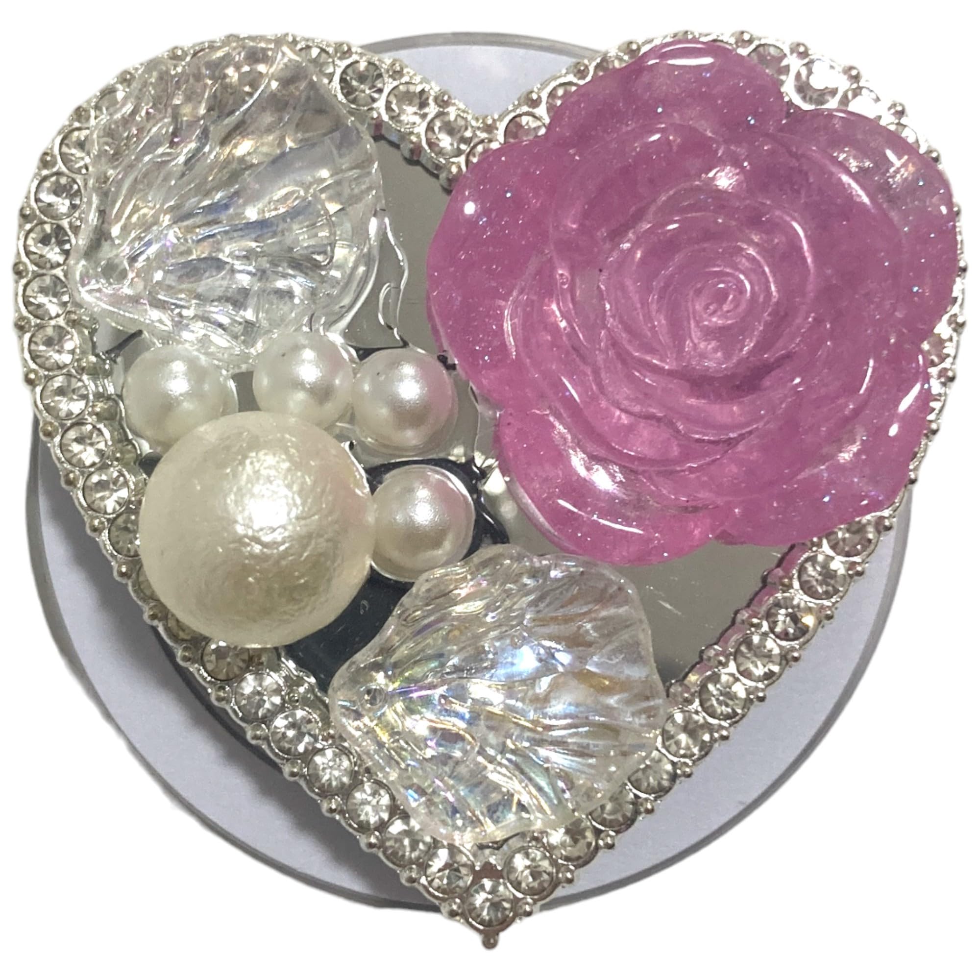 【送料無料】ラインストーン ローズ ハート スマホグリップ 韓国 グリップトック 鏡 ロゴ モチーフ シルバー シンプル かわいい スマホスタンド GRIPTOK 落下防止 カスタム レディース マイクロファイバークロス付 パール ビジュー 色：ピンク・マグネット、サイズ：FREE