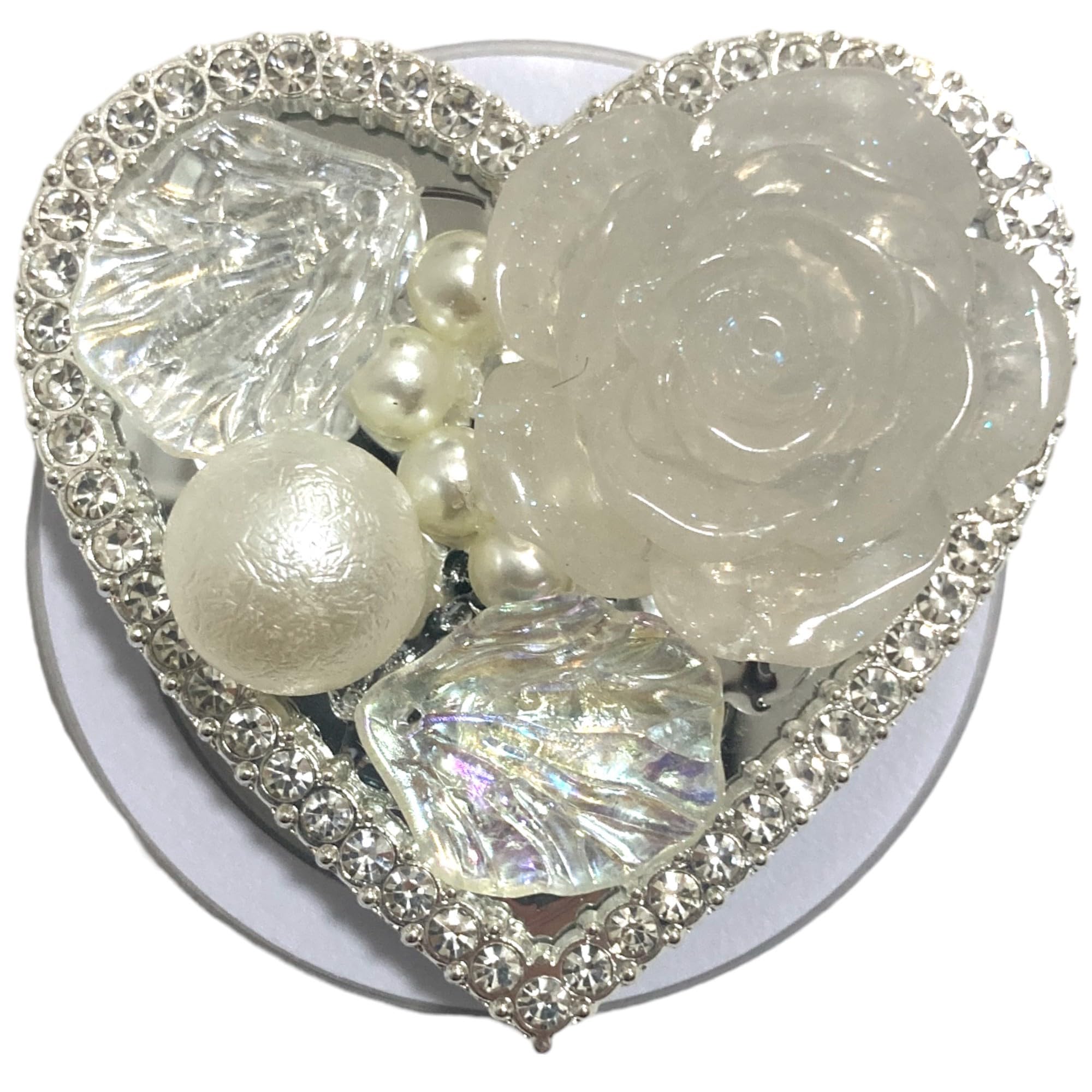 【送料無料】ラインストーン ローズ ハート スマホグリップ 韓国 グリップトック 鏡 ロゴ モチーフ シルバー シンプル かわいい スマホスタンド GRIPTOK 落下防止 カスタム レディース マイクロファイバークロス付 パール ビジュ 色：ホワイト・マグネット、サイズ：FREE