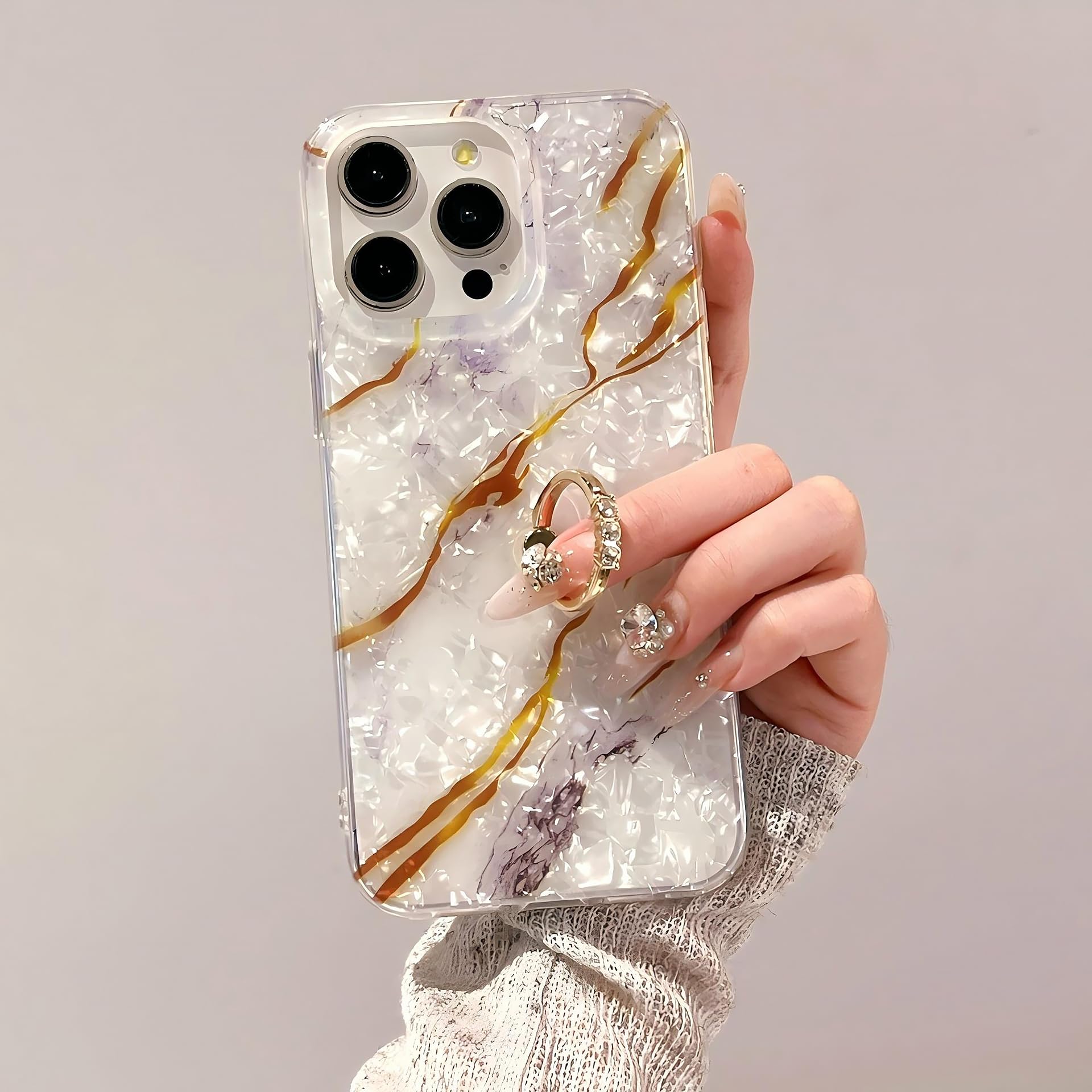 【送料無料】iPhone 用 ケース リング付き 大理石柄 シェル風 キラキラ ラメ いPhone ケース 韓国 かわいい オーロラ ゴージャス 綺麗 人気スマホケース マーブル 半透明 オシャレ シンプル マルチカラー ストラップホール付き 色：ホワイト、サイズ：iPhone14Pro