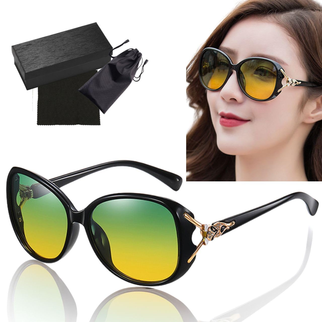 【送料無料】[グロフィン] GLOFIN サングラス レディース 偏光サングラス UVカット グラデーション レンズ 偏光 大きめ 紫外線カット 旅行 屋外 運転用 ビッグフレーム 軽量 おしゃれ 色：グリーンイエロー