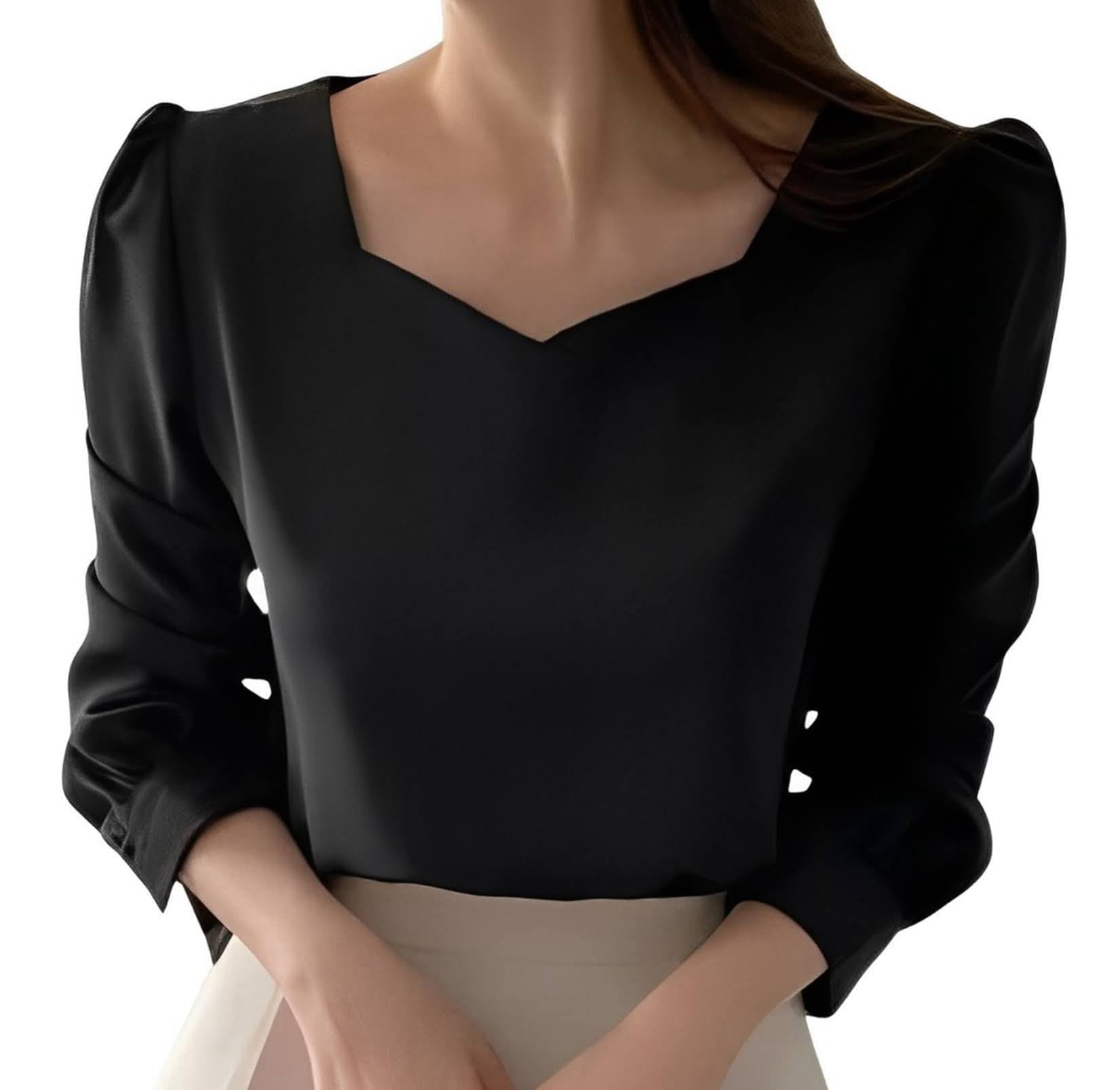 【送料無料】[toasoa] ブラウス レディース 長袖 トップス 襟なし パフスリーブ 色：ブラック、サイズ：XL