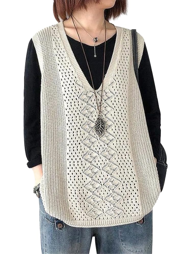 【送料無料】Wnodruke ニットベスト レディース ベスト 薄手 ゆったり 大きいサイズ Vネック 編み風 刺 透かし トップス おしゃれ WN067 色:...