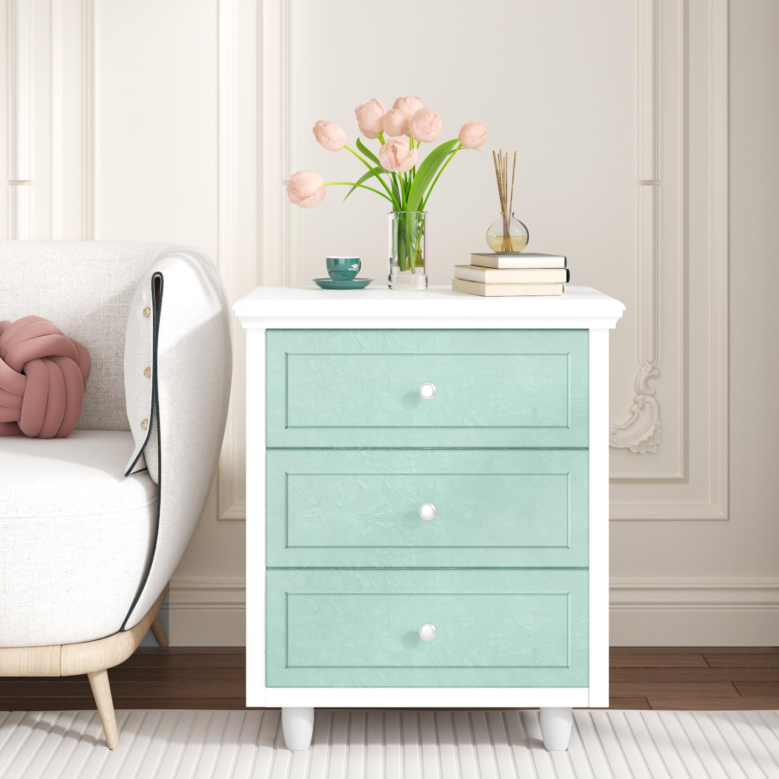 【送料無料】CHIHUT リメイクシート 壁紙 植毛布 はがせる壁紙 のり付き こすりジワ模様 ふすま紙 おしゃれ ウォールステッカー 防汚防油 貼り直し 簡単張り替え リフォーム 補修 賃貸OK 寝室 店舗 リビング 家具 クローゼット 戸 色：ミントグリーン、サイズ：30x260cm