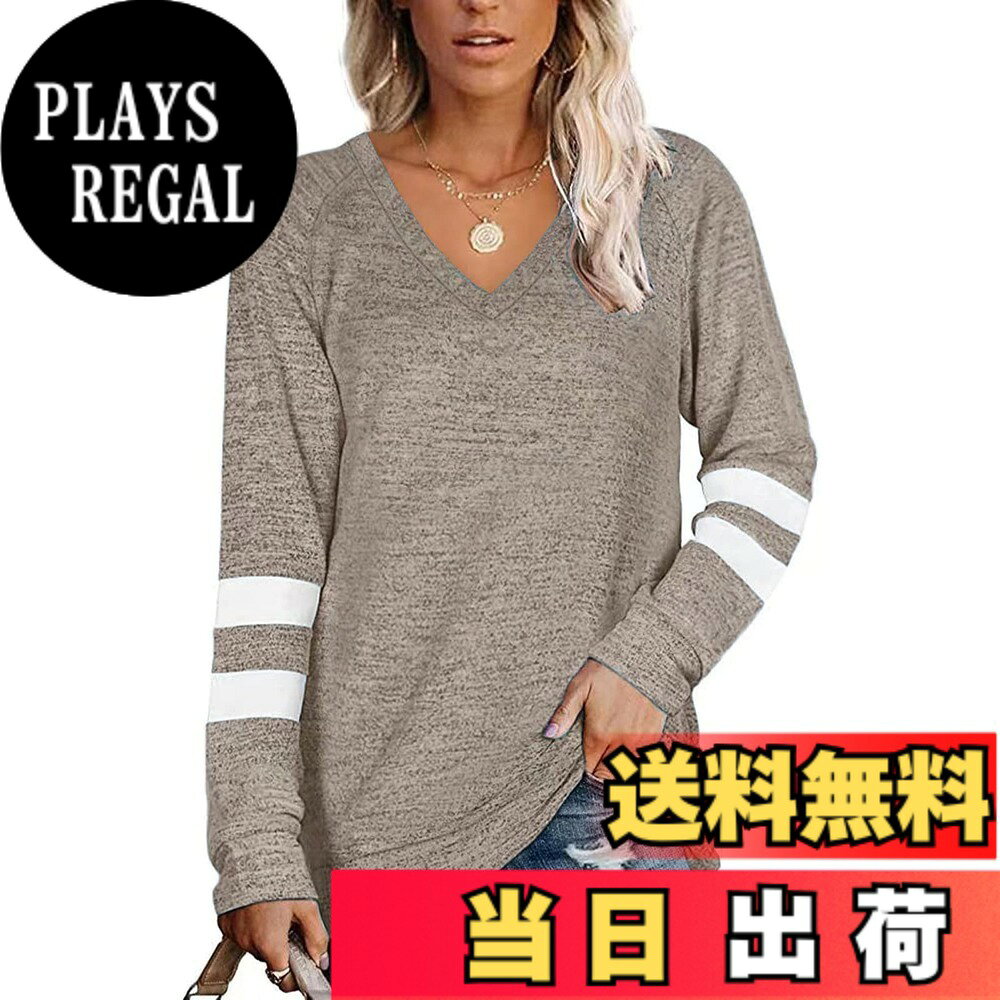 樂天商城 - 【送料無料】[AUSKY] 上質 Tシャツ レディース 長袖 ストライプ Vネック カットソー トップス インナー 薄手 コントラスト色 シンプル カジュアル ファッション 着痩せ 学生 大人 春 秋 部屋着 色：カーキ、サイズ：M