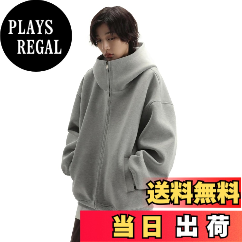 【送料無料】[TOWYYO] メンズ ハイネック パーカー タートルネック 無地 ポケット付き ジップアップ ウィンドブレーカー 長袖 ゆったり 忍者パーカー 大きいフード付き 防風 原宿系 カジュアル 機能服 男女兼用 春 秋 冬 色：グレー、サイズ：M