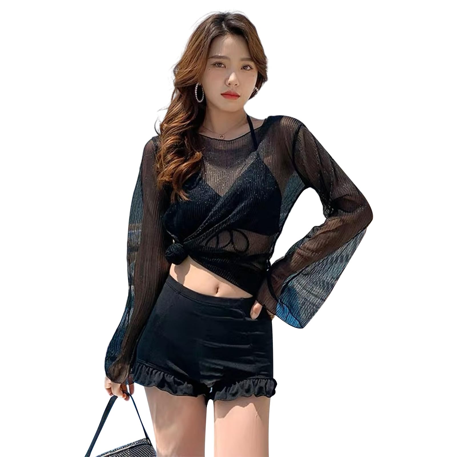 【送料無料】 水着 レディース 3点セット ビキニ 体型カバー オトナ水着 ラッシュガード 透け感 ビーチウェア 肌守り 女子 大人 ママ水着 Vネック パンツ...