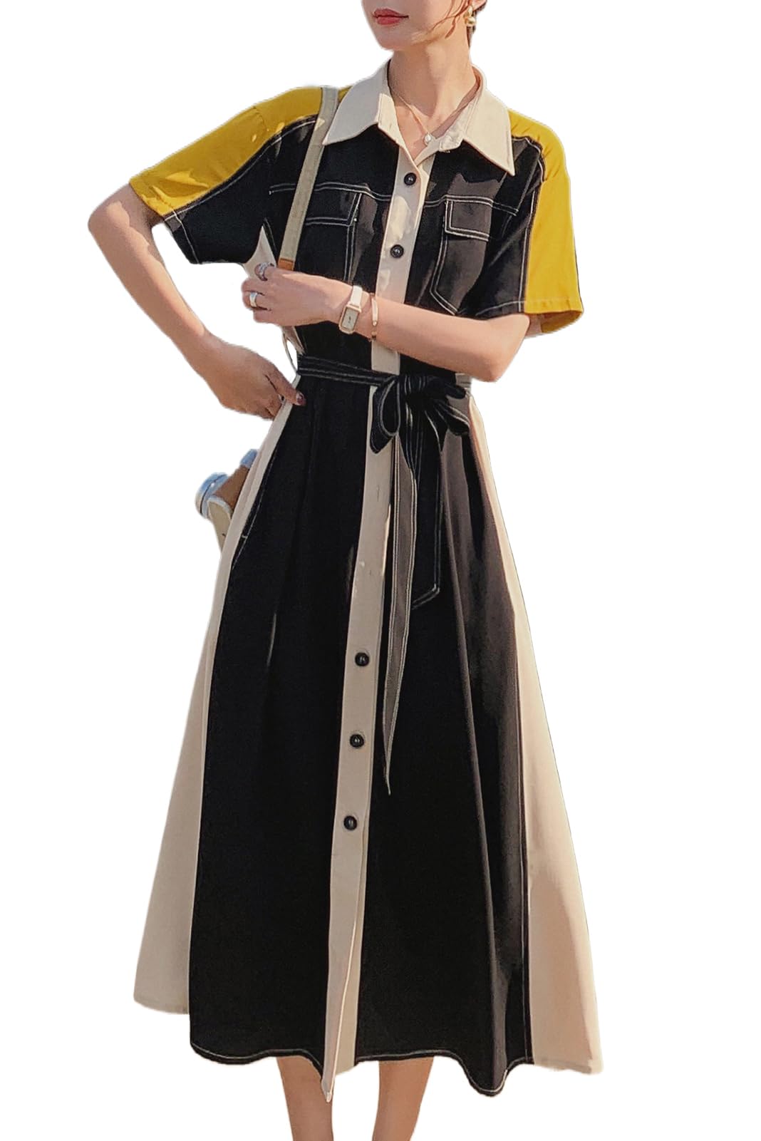 【送料無料】 ワンピース 夏 レディース シャツワンピース ロング ドレス 折り襟 ボタン開き 切り替え ..