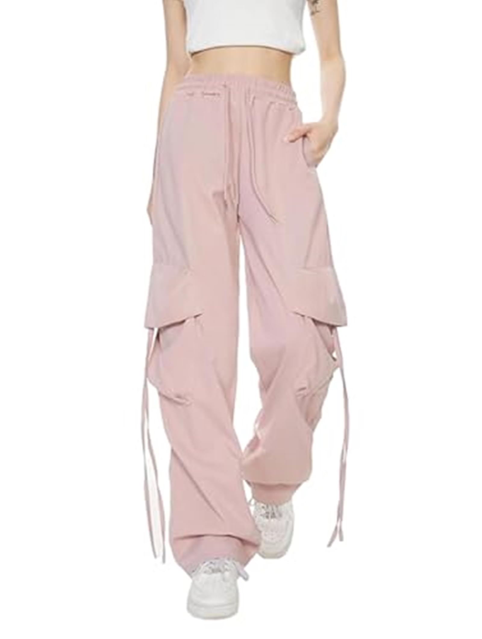 【送料無料】[SLOW＆MELLOW] パラシュート パンツ カーゴパンツ レディース カジュアル 韓国 ストリート ファッション ゆったり ボトムス ダンス ワイド パンツ ウエストゴム ルーズ 大きい 2カラー 色：ピンク、サイズ：2XL