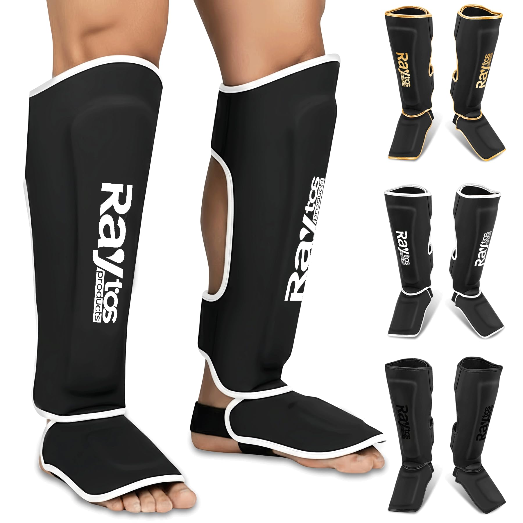 【送料無料】Raytos レガース 【格闘技用レッグサポーター】 キックボクシング 空手 柔道 総合格闘技 に最適 PUレザー＆三重構造内張り ひざサポーター すね当て プロテクター S/M/Lサイズ 3色展開 色：黒白、サイズ：S
