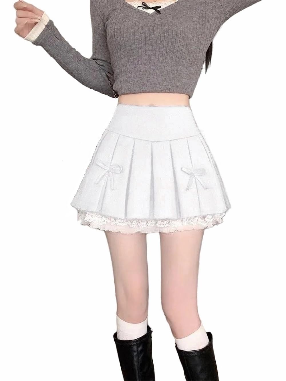 【送料無料】[House Yayoi] スカート 春 夏 レディース 可愛い レース マイクロミニ ファスナー ミニ丈 無地 ハイウエスト 大人かわいい ひざ上丈 裏地付き 女子高生 通学 通勤 パイピング プリーツ Skirt 色：ホワイト、サイズ：M